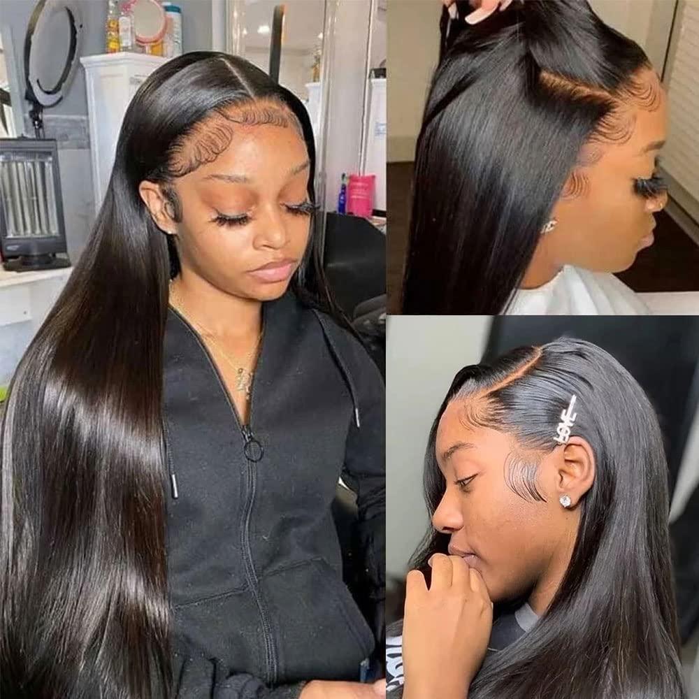 QUINLUX WIGS Curly Baby Hair Kinky Straight Wig 360 HD Invisible Lace Frontal Human Hair Wig Pre Plucked Bleached Knots Kinky Edges Yaki Transparent HD 360 Lace Front Wig Brazilian Full End Glueless Wig 26 inch