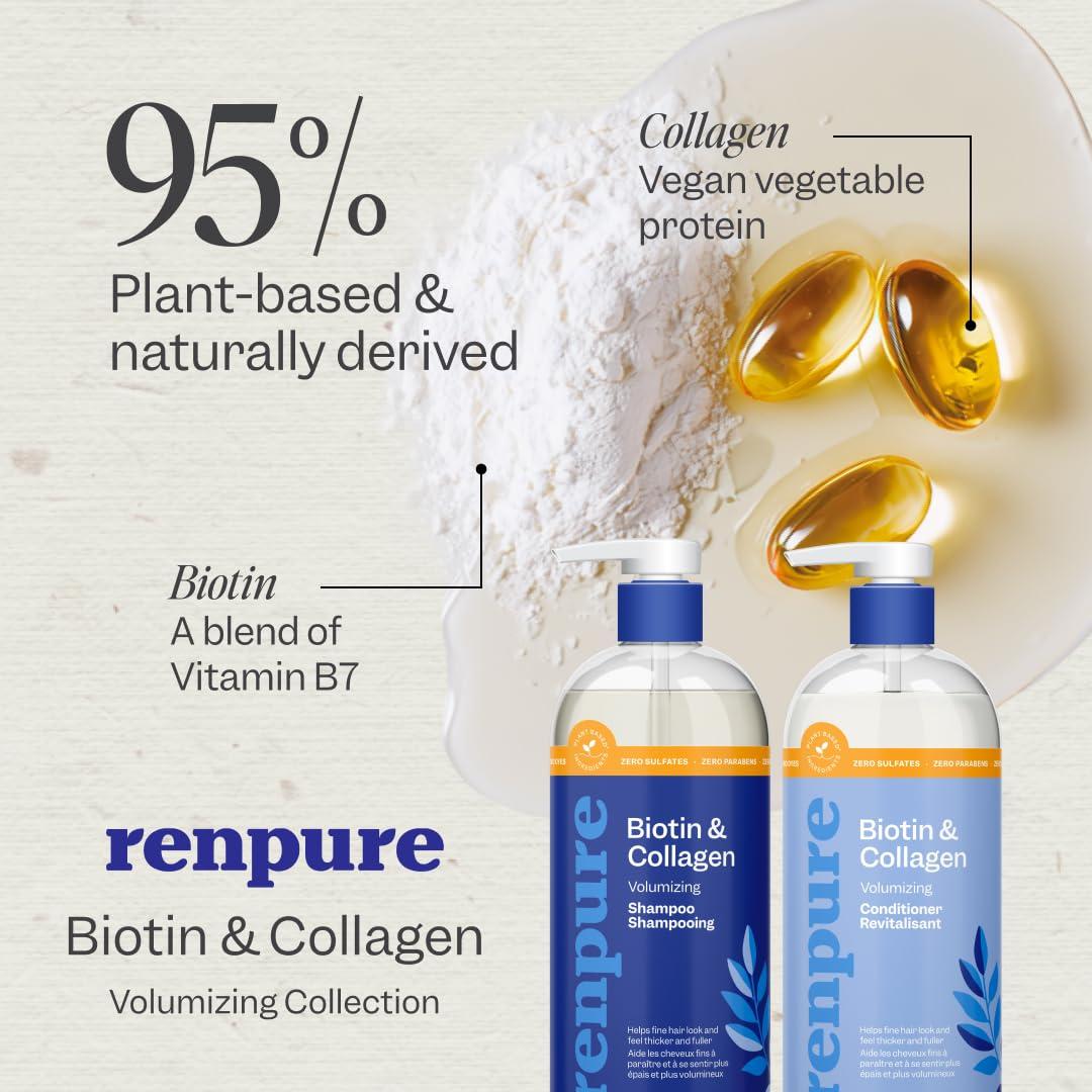 RENPURE Renpure Biotin & Collagen Shampoo & Conditioner Set, Plant- Based - Nutrient Infused Formulas for Fuller, Thicker Looking Hair - For Fine Hair - Vitamin B7 (Biotin) & Collagen - 24 Fl Oz each, 2 Pack