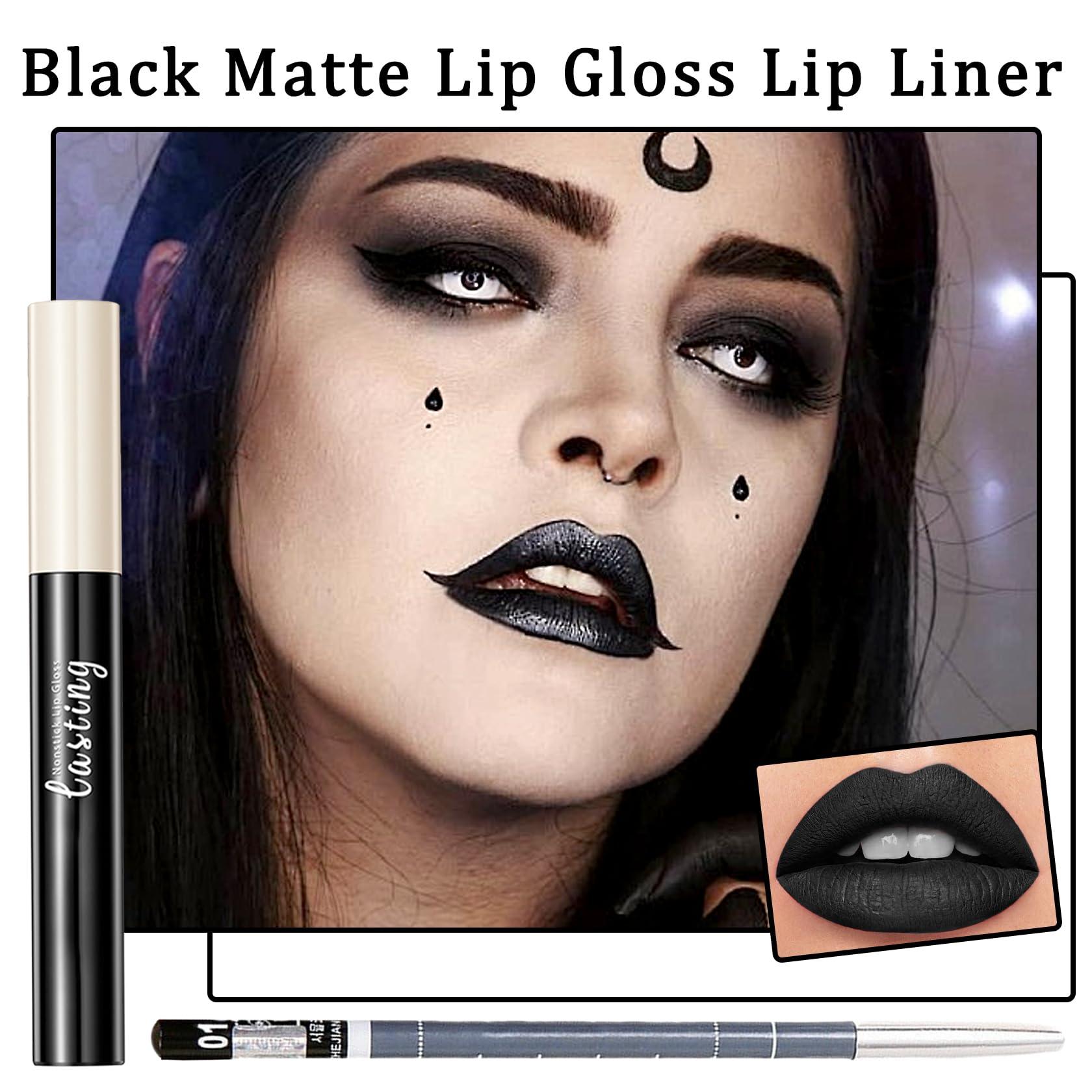 LingHaoLH 2PCS Black Matte Lip Liner and Lipstick Set,High Pigmented Black Liquid Lipstick and Lip Liner Set,Long Lasting Waterproof Black Lipgloss Liner Set for Goth Christmas Halloween Cosplay Makeup