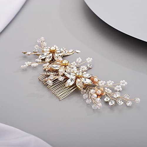 Chargances Chargances Wedding Crystal Flower Hair Comb for Women Bridal Pearl Beaded Hair Side Comb Fashion Leaf Flower Hair Vine Comb Rhinesotne Headpieces Bride Wedding Prom Flower Girl Hair Accessories