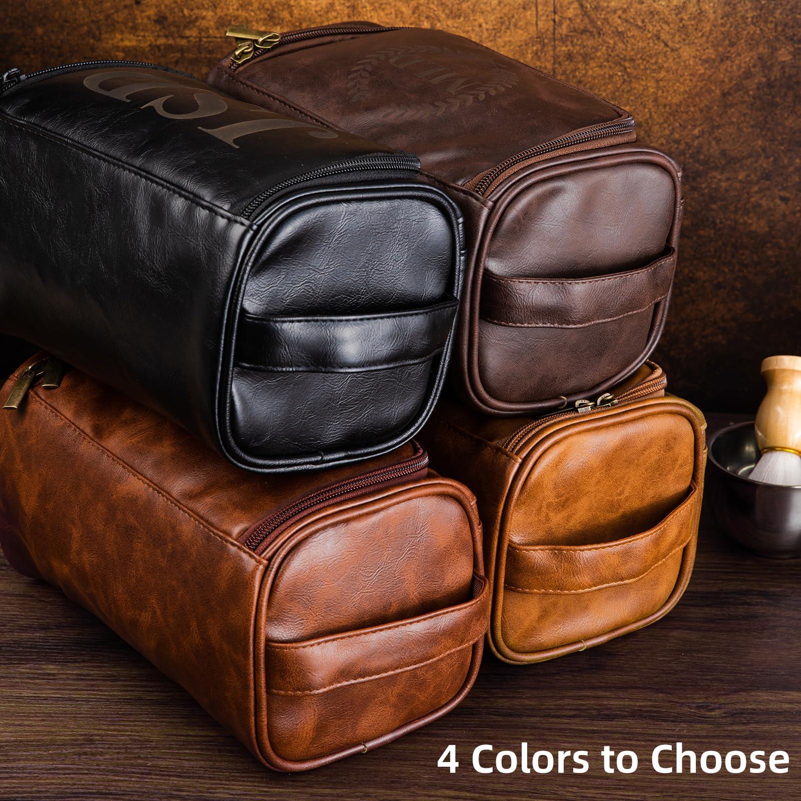 Bleggeit Bleggeit Personalized Leather Toiletry Bag For Men with Hook, Groomsmen Gifts Travel Bag Laser Engraved Name Monogram Leather Gift For Him Husband Father Leather Dopp Kit with Side Handle