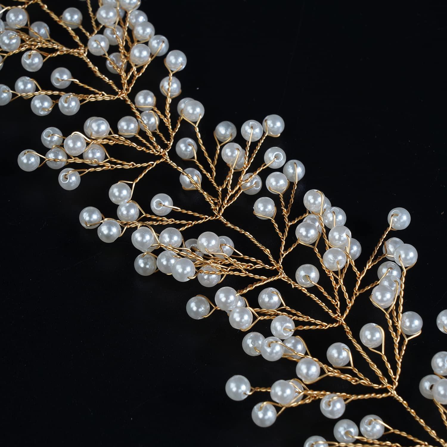 Xerling Xerling Brides Pearl Hair Vine Gold Headband for Girls Crystal Hairband Hair Accessories Wedding Bridal Head Piece for Women (Gold)