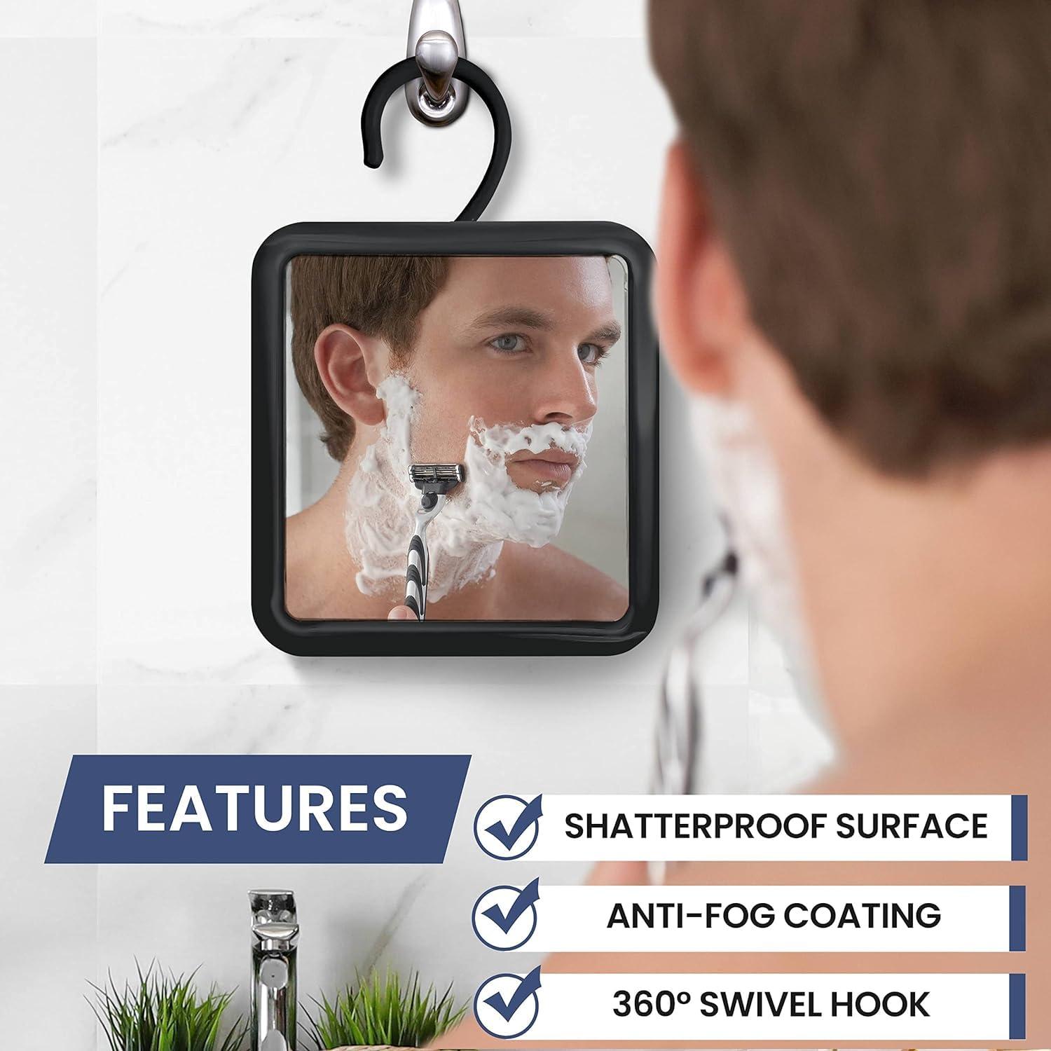 MIRRORVANA MIRRORVANA Hanging Fogless Shower Mirror for Shaving with 360 Rotatable Swivel Hook - Anti Fog and Shatterproof 6.3\" x 6.3\" Surface (Black)