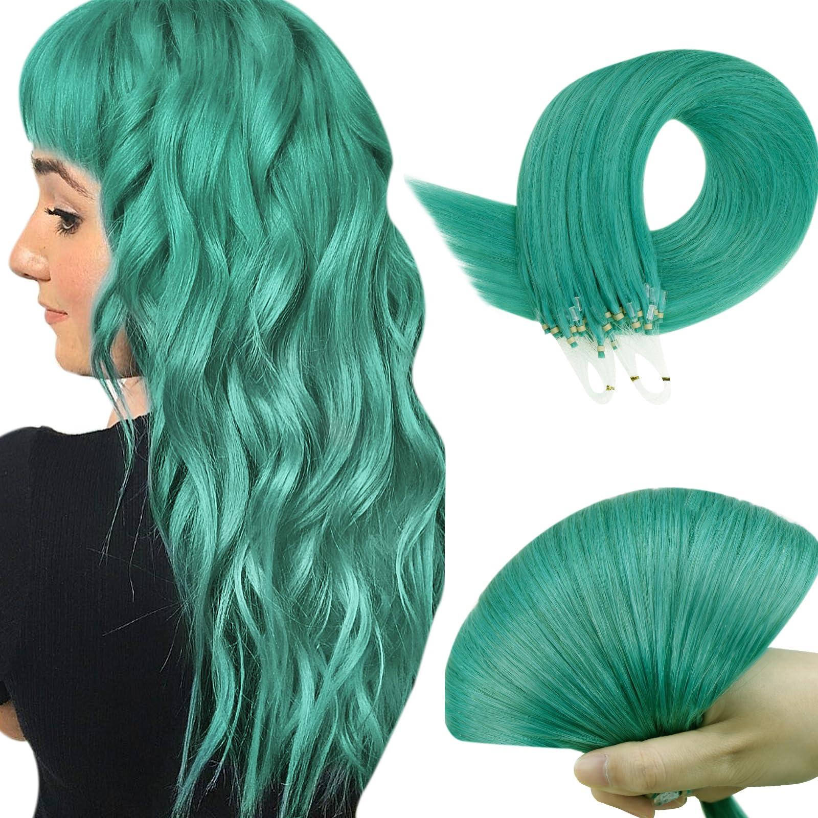 RUNATURE RUNATURE Teal Micro Link Hair Extensions Human Hair Teal Micro Hair Extensions Full Ends Micro Loop Hair Extensions Real Human Hair Natural Teal Hair Extensions Micro Link Straight 18 Inch 25g 25s
