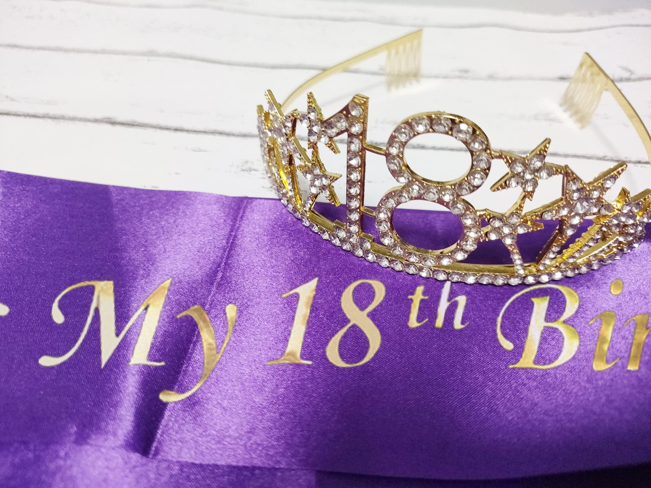 Mayin Happy 18th Birthday Tiara and Sash Gifts Crystal Rhinestone Princess Crown Birthday Girl Party Favor Supplies Gold Crowns Purple Sash