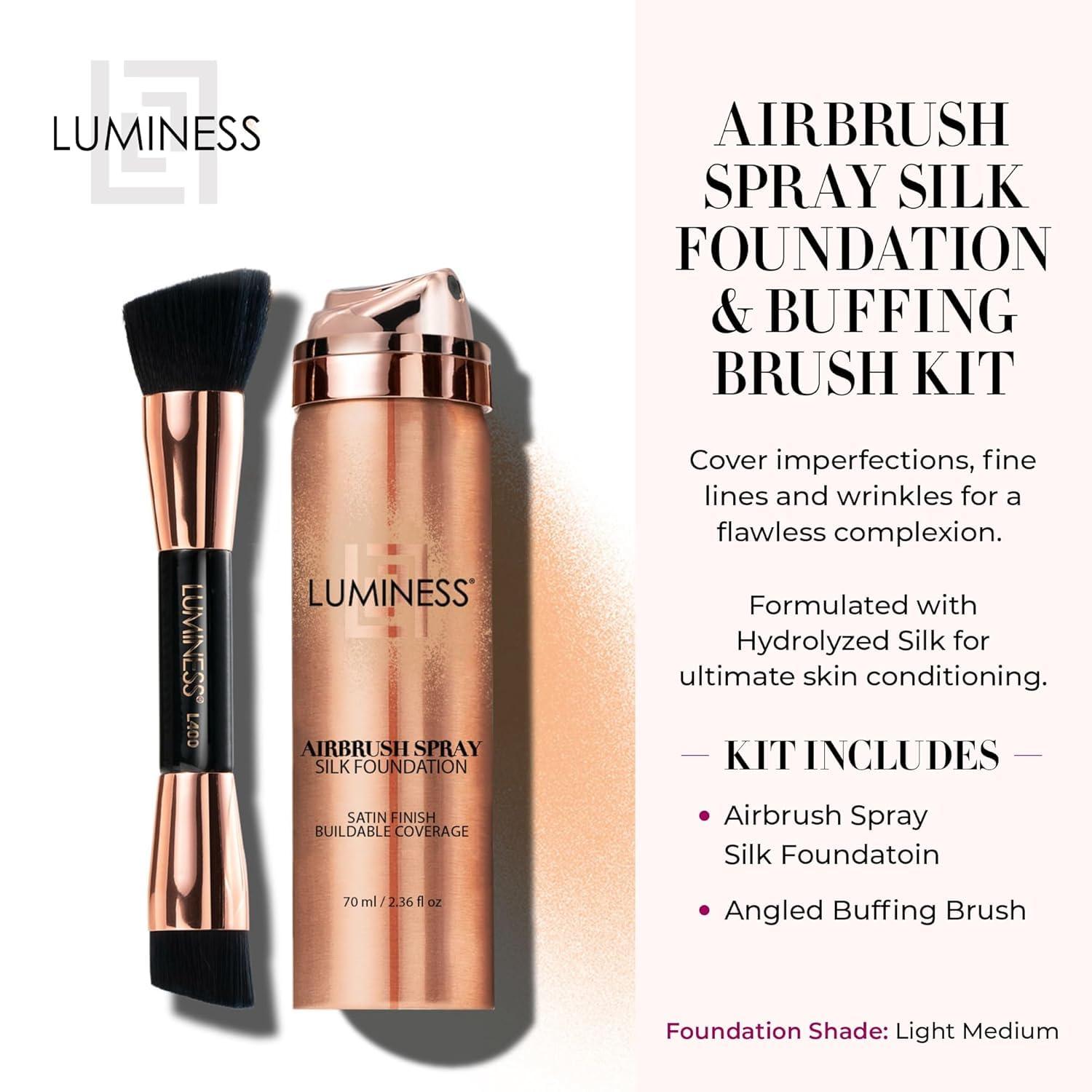 LUMINESS LUMINESS Silk Airbrush Spray Foundation & Buffing Brush Kit Full Coverage Foundation & Dual-Sided Buffing Brush - Buildable Coverage, Anti-Aging Formula Hydrates & Moisturizes (Shade - Warm)