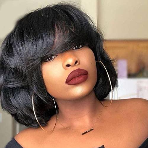 UMRHair 10inch Short Yaki Wavy Bob Human Hair Wig with Bangs 150% Density Short Cut Scalp Wig None Lace Italian Yaki Human Hair Wigs Glueless Wavy Black Bob Bangs Scalp Top Human Hair for Women