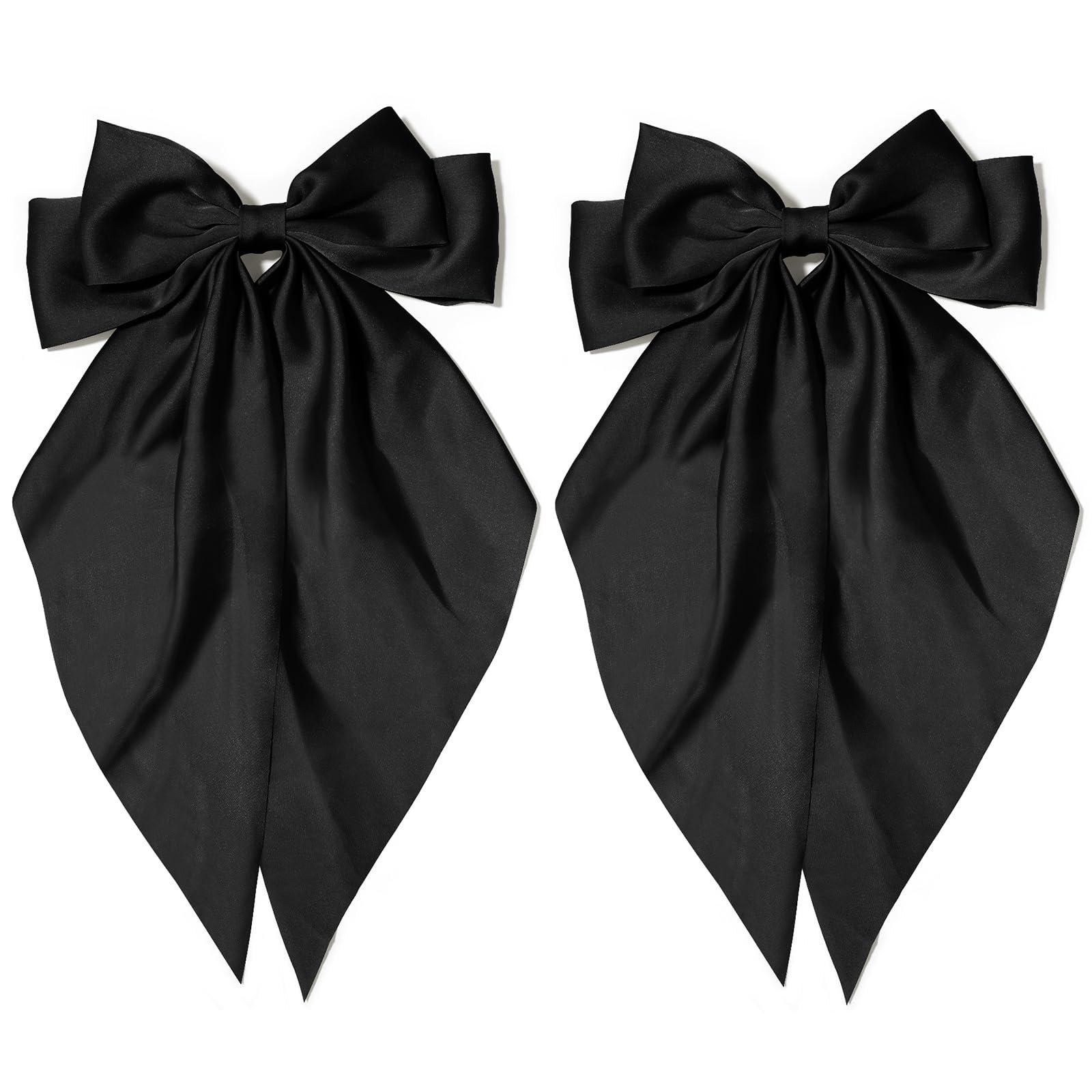 TULOBI Large Hair Bows with Long Tail 2PCS Black Bow Hair Clip with Metal Spring Clamp Soft Satin Hair Ribbon for Women Girls