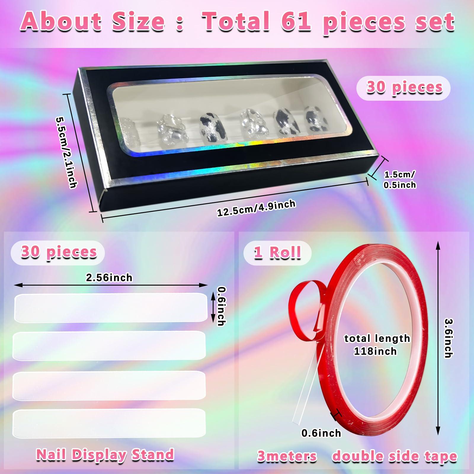 Crtiin Crtiin 60 Pcs Empty Press on Nails Packaging Box Set 30 Clear Glitter Paper Eyelash Storage Box and 30 Acrylic Nail Display Stand Holder with 1 Red Double Sided Tapes for Salon Home Office
