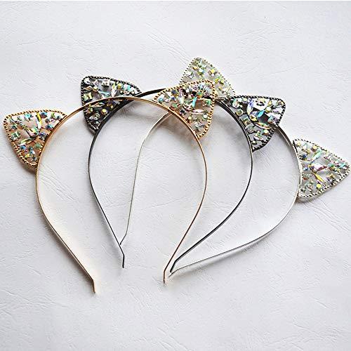 WLBON Cat Ears Headband Rhinestone Cat Hair Bands Crystal Halloween Hair Hoop Women Girls Hairband Party Decoration Headdress Cosplay Costume Headwear Handmade Headpiece Makeup Hair Accessories 3 Pack