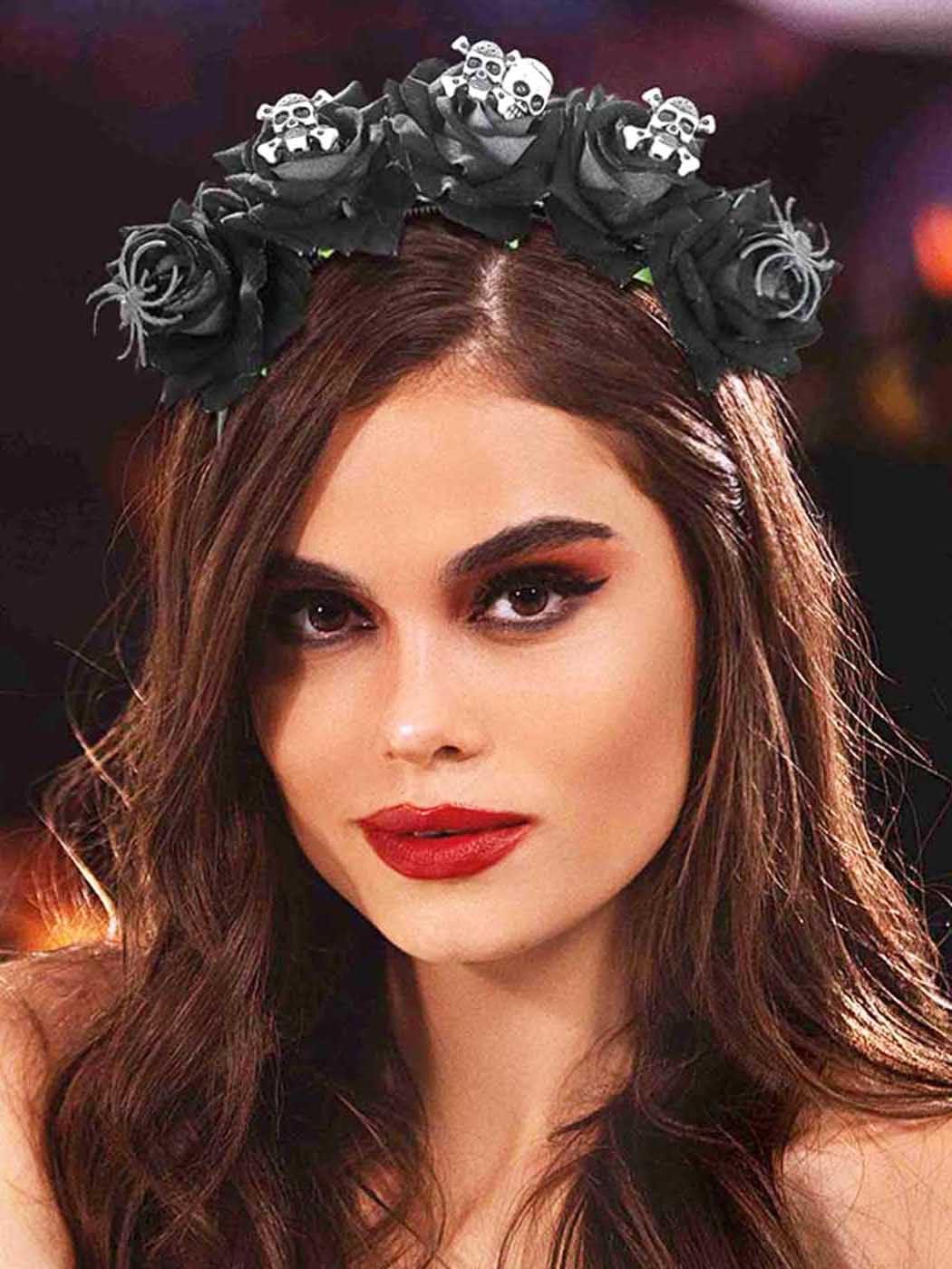 Woeoe Woeoe Halloween Skull Headband Black Rose Flower Costume Day of the Dead Headpiece Spider Mexican Floral Crown for Women and Girls