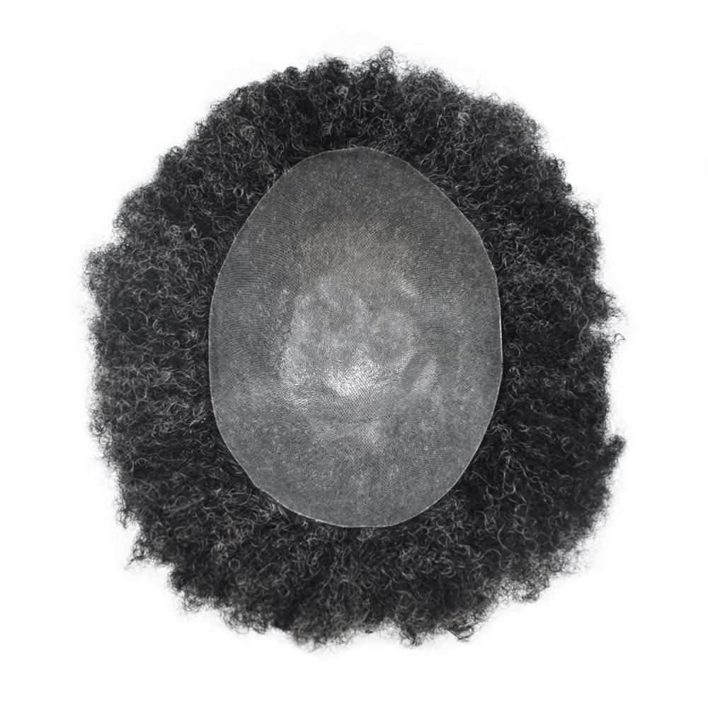 Generic Afro Toupee for Black Men Weave Units Full Poly PU African Americna Men Wigs Hand Tied Human Hair Replacement System Afro Kinky Curls Mens Toupee (6MM Wavy, 140# Jet Black With 40% Synthetic Gray)
