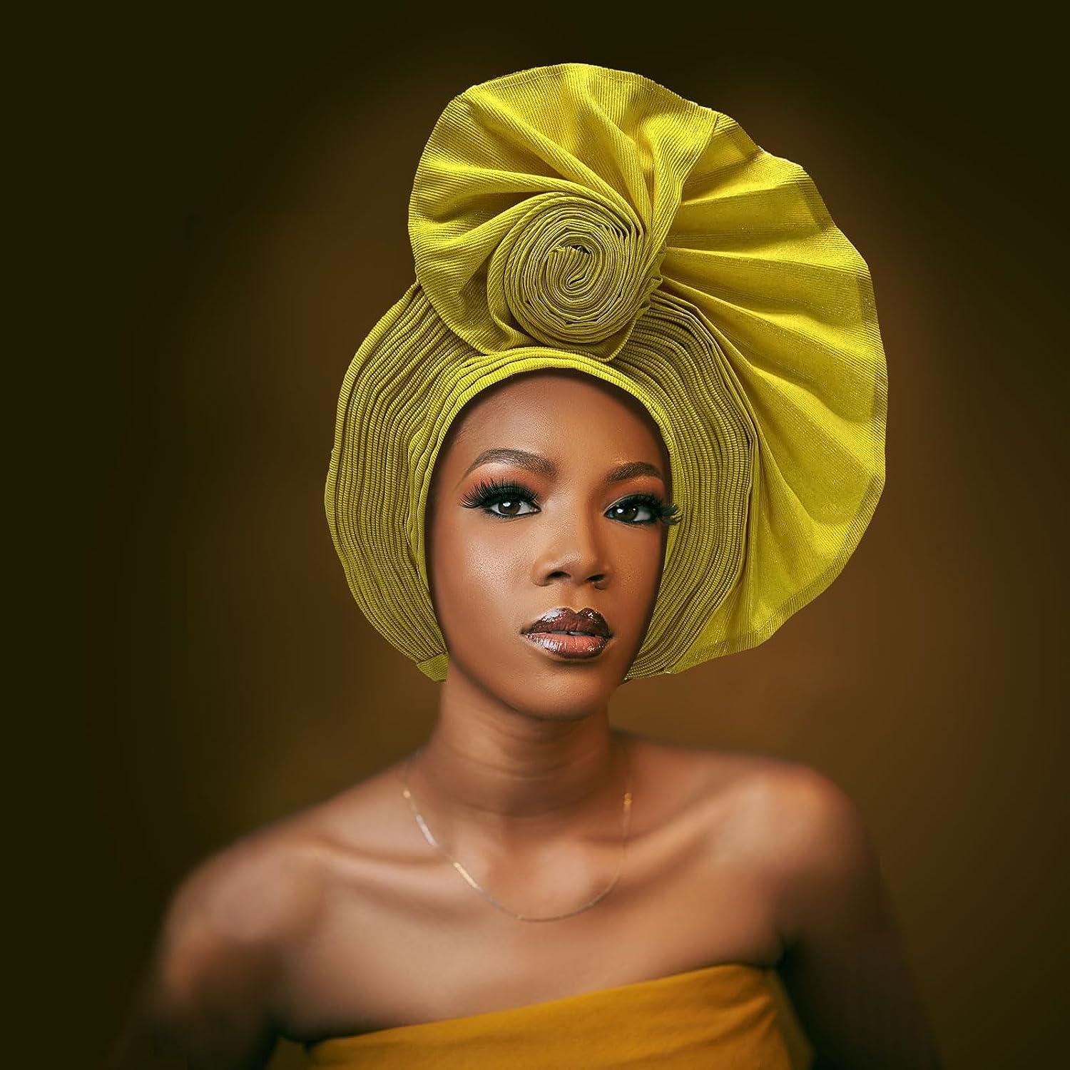 SugeGasa SugeGasa Auto Gele Headtie Already Made African Head Wraps For Women Turban Gelee Nigerian Aso Oke Bonnet Femme Headgear Fashion Headbands 1set (Yellow)