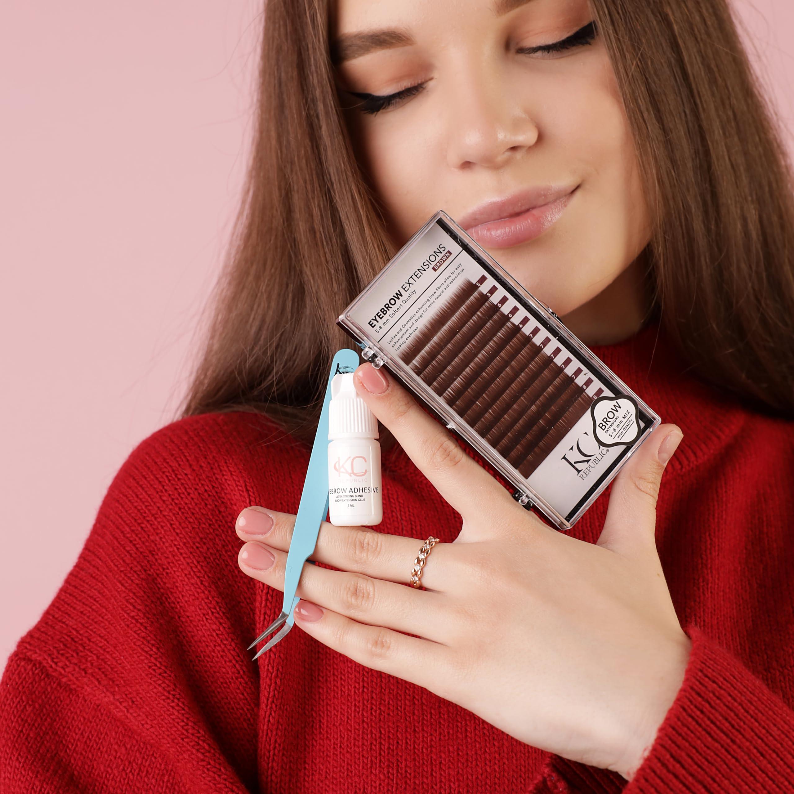 KC Republic KC Republic Eyebrow Extensions Kit with 4 Trays of Mink Eyebrows in Blonde/Light Brown, Brown, Dark Brown, Black, Comes on Mixed Length Trays 5-8 Mm Mix, Eyebrow Extension Glue & Extension Tweezers