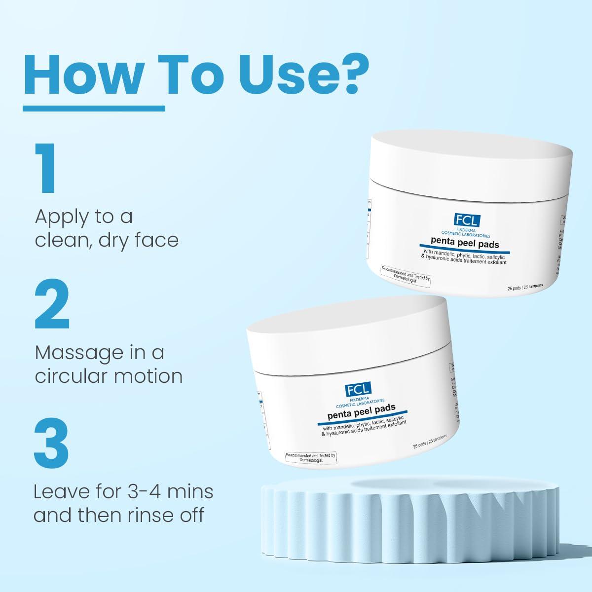 FIXDERMA COSMETIC LABORATORIES FCL Penta peel pads| Exfoliant | Removes dead cells | Reduces fine lines & wrinkles | Gentle & safe peeling pads| Improves skin texture | Shrinks open pores | Paraben Free | 25 pads