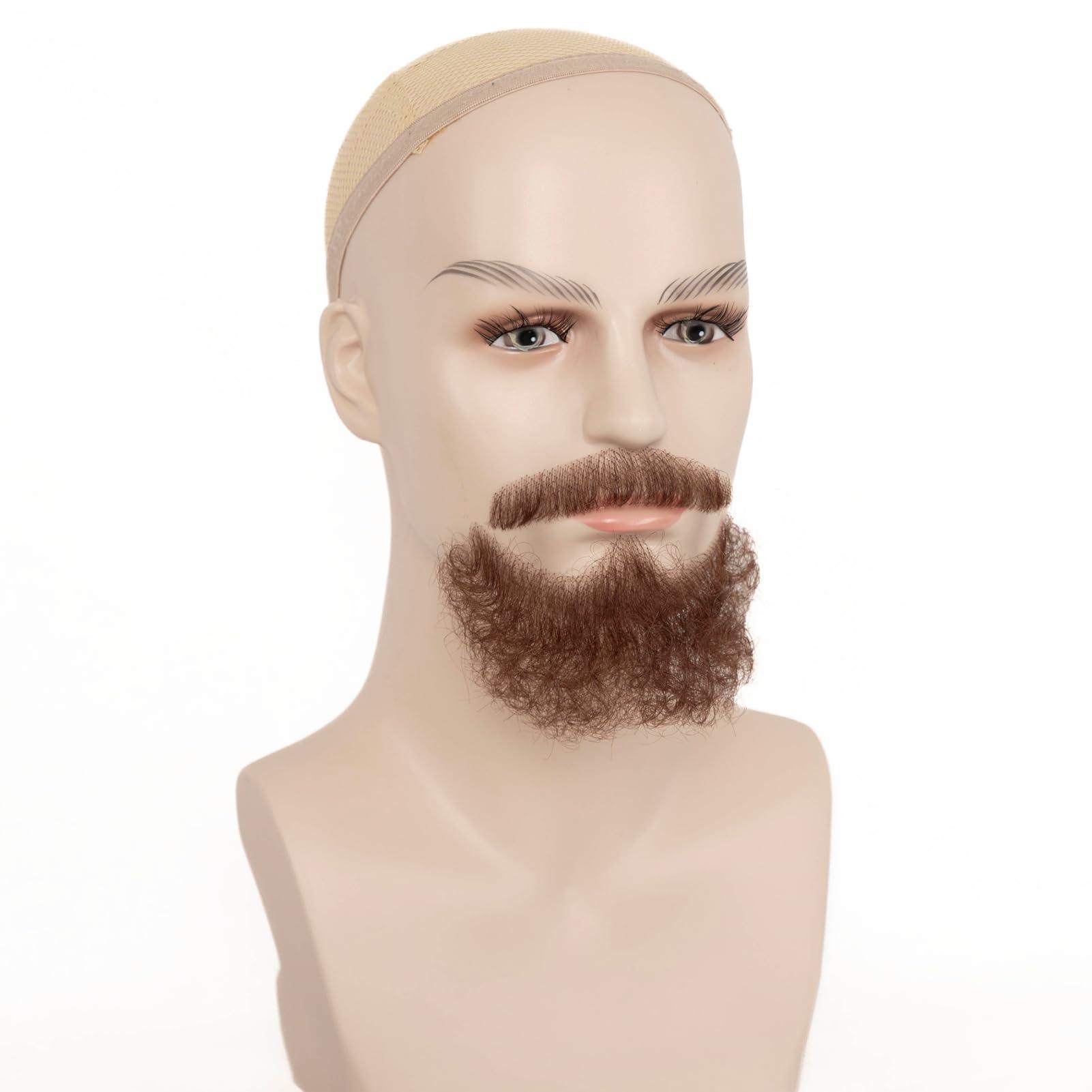 XRDDFL XRDDFL Fake Beard Human Hair Realistic Fake Mustache for Men, Full Hand-tied Invisible Lace Based Fake Facial Hair Brown False Goatee Beards for Halloween Cosplay Costume Party Drama