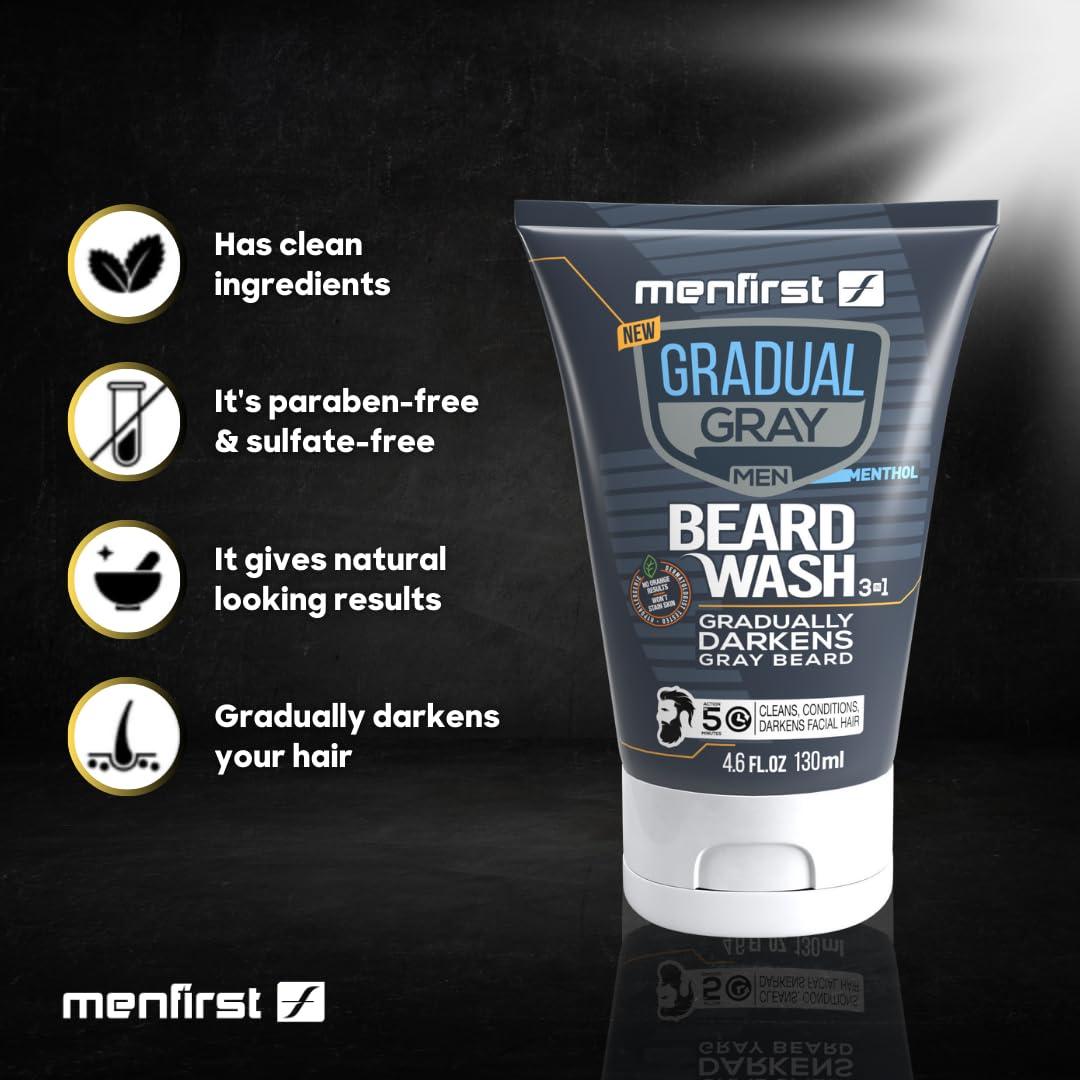 MENFIRST MENFIRST Gradual Gray Darkening Beard Wash for Men - Dark Shades Beard Shampoo - Hypoallergenic, Harsh Chemical-Free, Dermatologist Tested Beard Dye - 4.6 Fl Oz (Pack of 1)