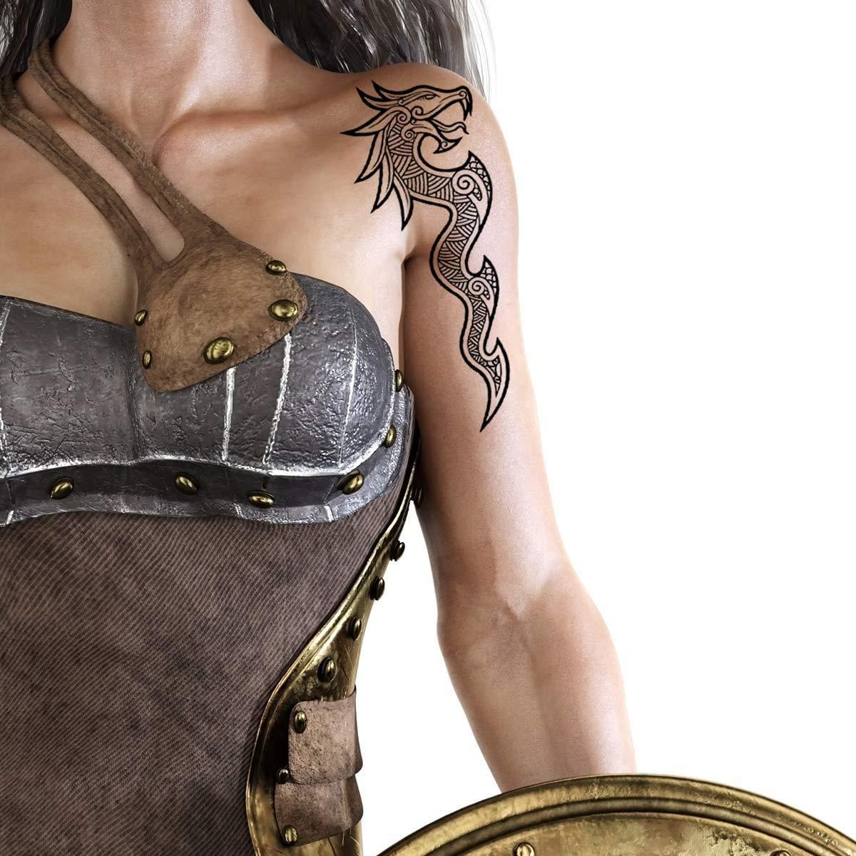 Tatodays Tatodays 2x Temporary tattoo viking dragon arm back body art stickers nordic celtic tribal middle ages medieval full adults men women arm leg sleeves fancy dress cosplay