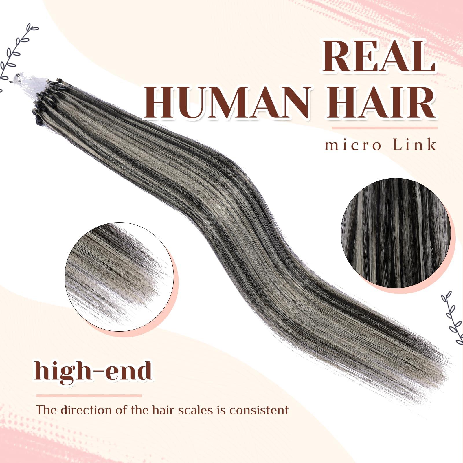 KiiKiiGirl KiiKiiGirl Micro Link Virgin Remy Hair Extensions Human Hair 16inch Microlink Beads Hair Extensions Human Hair Micro Loop Hair Extensions Real Human Hair #1B/Silver Natural Black to Silver 50G/Pack