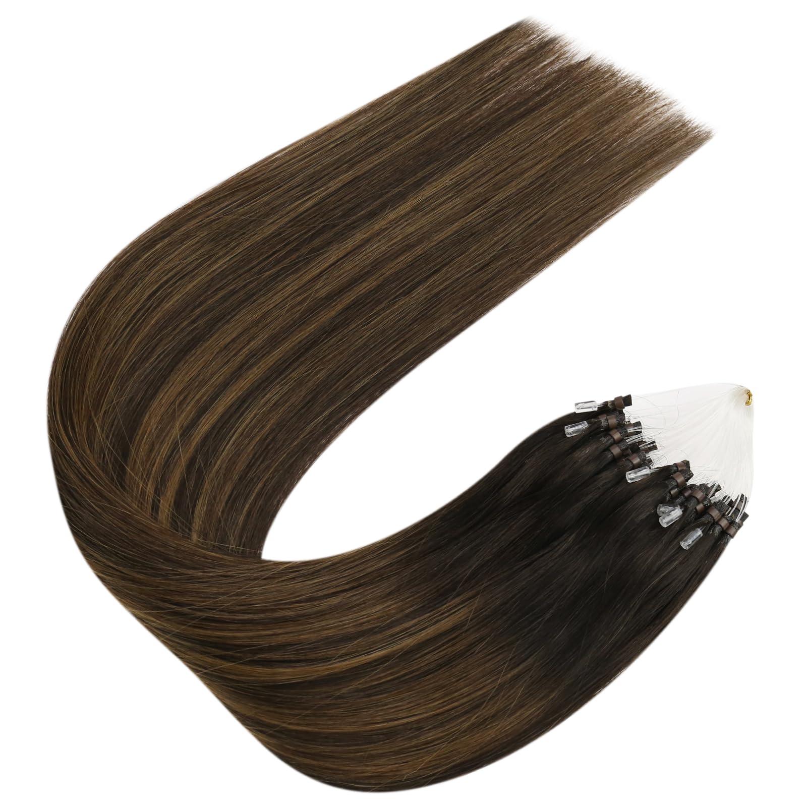 Sunny Hair Sunny Micro Hair Extensions Human Hair Ombre Brown Cold Fusion Micro Loop Hair Extensions Human Hair Dark Brown Balayage Medium Brown Pre Bonded Micro Ring Hair Extensions Straight Hair 50G 20Inch