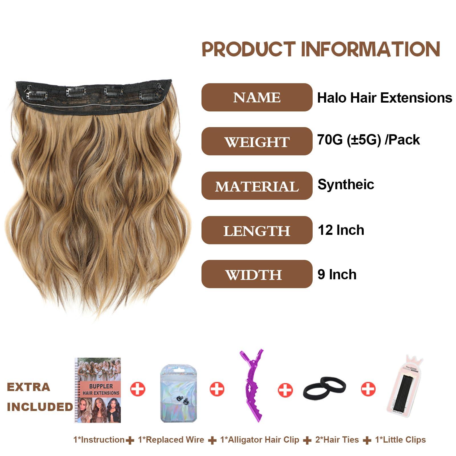 BUPPLER BUPPLER Halo Hair Extensions 12 Inch Invisible Wire Hair Extensions Adjustable Long Wavy Hair Extensions Synthetic Upgrade 4 Secure Clips in Hairpieces 12 Inch, Medium Brown Mixed Golden Brown