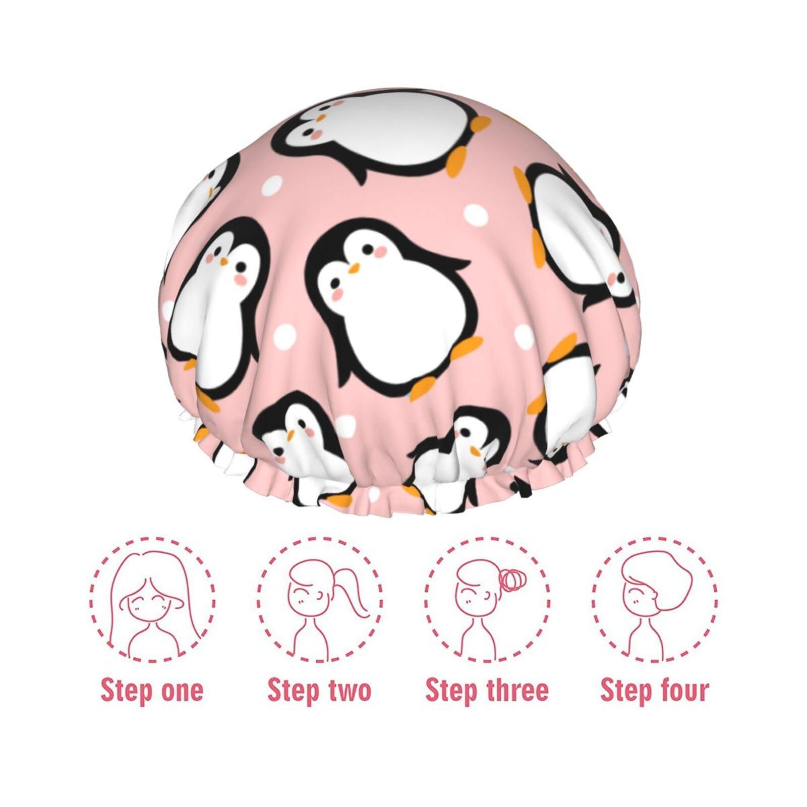 YIPOCH Cute Animal Penguin Large Shower Cap for Women Men Shower Caps for Women Reusable Waterproof Hair Cap Double Layers Showercap With PEVA Lined & Elastic Band Fashion Shower Bonnet