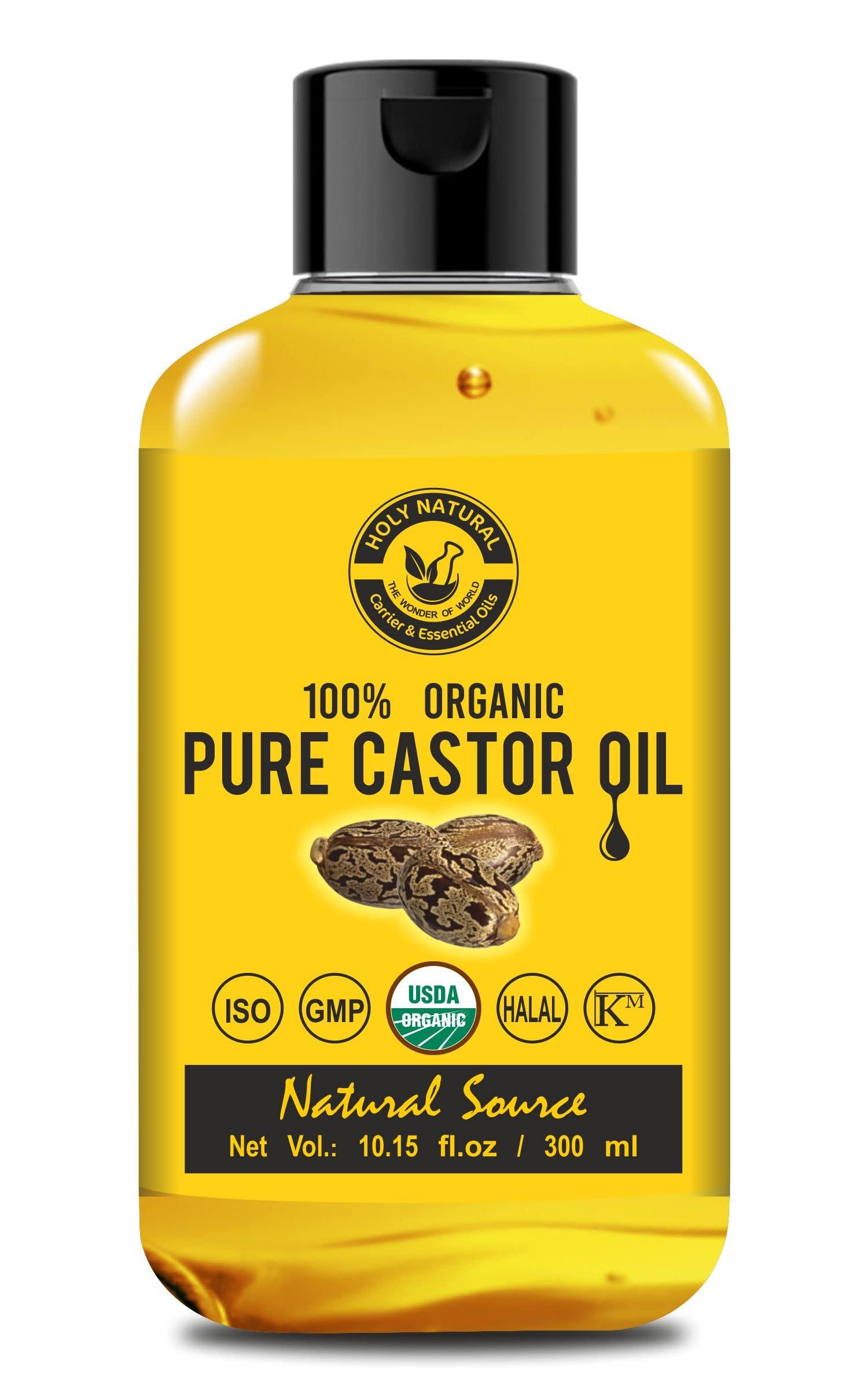 Holy Natural - The Wonder of World Organic Pure Castor Oil (10.15 floz/300 ml) USDA Certified Cold-Pressed, 100% Pure, No GMO, No Heat treatment, Hexane Free Moisturizing & Healing, For Dry Skin,Hair Growth, Massage, Lash Growth