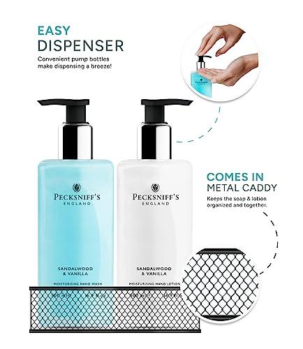 Pecksniff\'s Pecksniffs Kitchen Soap Dispenser Set, Moisturizing Liquid Hand Soap Lotion Set for Kitchen Sink Bathroom Countertop with Black Metal Mesh Caddy, 10.14 Fl oz (Sandalwood and Vanilla)