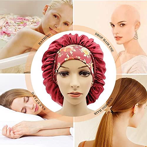 COSBAY 2PCS Satin Bonnets for Women,Soft Wide Elastic Band Silk Bonnet,Satin Silk Single Layer Large Satin Bonnet,Sleep Cap for Curly Hair,Satin Cap for Natural Braids Hair(Black+Purple)