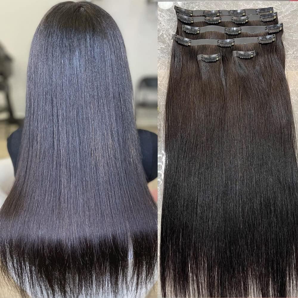 YOUNG BEAUTY Seamless Clip in Hair Extensions Real Human Hair Invisible PU Skin Weft Clip Ins Hair Silky Straight Double Weft Brazilian Hair 100g
