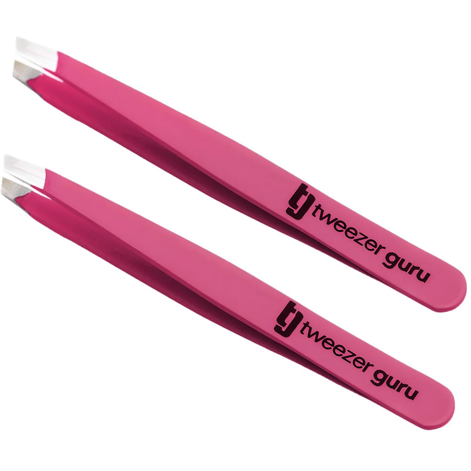 TWEEZER GURU Tweezer Guru Tweezers for Women - 2pc Slant Pointed Precision Tweezers for Eyebrows & Ingrown Hair Removal - Blackhead and Splinter Tweezer with Sharp Needle Nose Point for Plucking (Classic Pink)