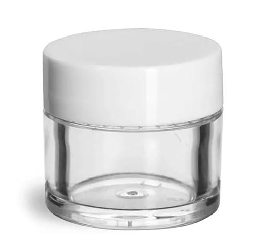 SKS Bottle & Packaging, Inc. 144 Count Empty Plastic Jars with Lids, 1/4 oz Clear Styrene Thick Wall Jars with Lined White Plastic Caps, Small Plastic Jars for Beauty Products, Cosmetics, Lip Balm, Creams, Skin Care, Crafts