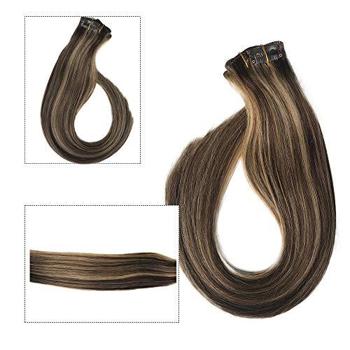 Munx Clip in Hair Extensions Brown and Blonde Highlights Real Human Hair Extensions 18 inches 70g Silky Straight Clip on Remy Balayage Hair Extension Full Head 7 Pcs