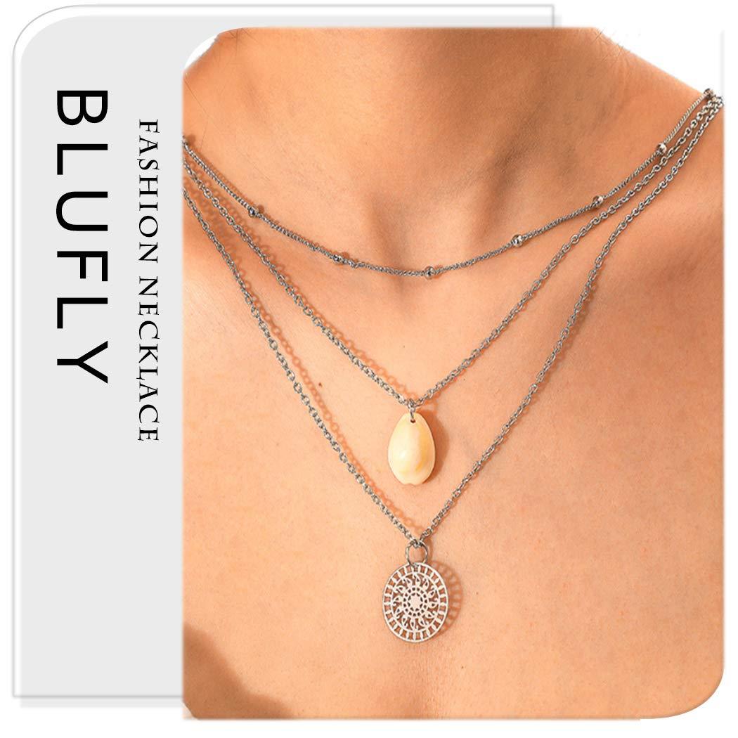 Blufly Blufly Layered Coin Pendant Necklace Silver Shell Necklaces Beads Necklace Chain Boho Jewelry for Women