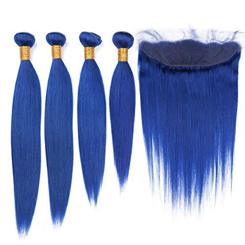 Tony beauty hair Tony Beauty Hair Dark Blue Human Hair 4 Bundles Deals with Frontal Lace Closure Peruvian Straight Weaves Blue Color Virgin Hair Extensions with Full Lace Closure 13x4" Ear to Ear (24 26 28 30 with 22)