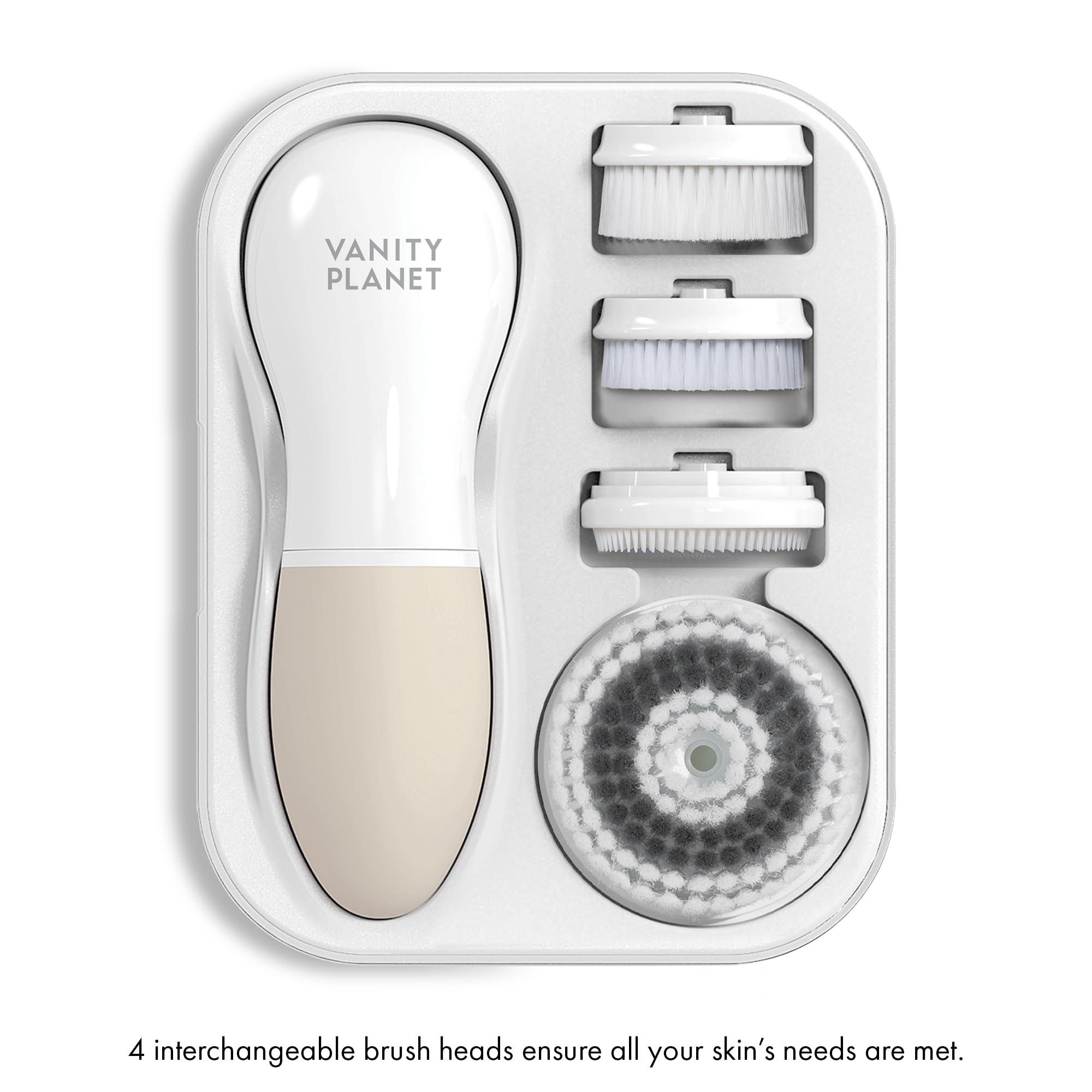 Vanity Planet Raedia Handheld Facial Cleansing Brush with 4 Interchangeable Brush Heads by Vanity Planet - Lightweight Daily Cleansing Brush for Glowing Skin - Water Resistant Face Exfoliator - Warm Grey