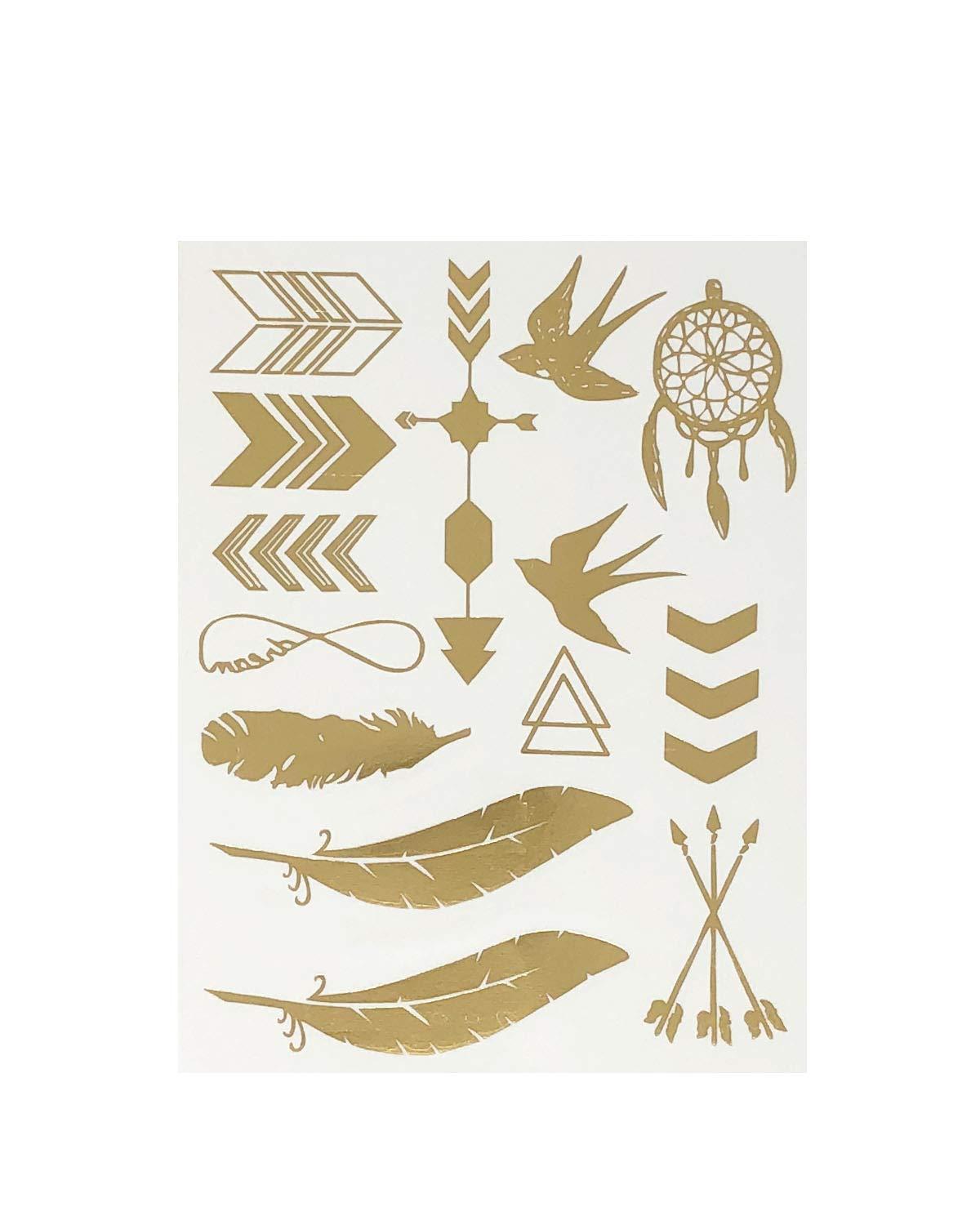 allydrew Wrapables Celebrity Inspired Temporary Tattoos in Metallic Gold Silver and Black (6 Sheets), Large, Triangles & Feathers