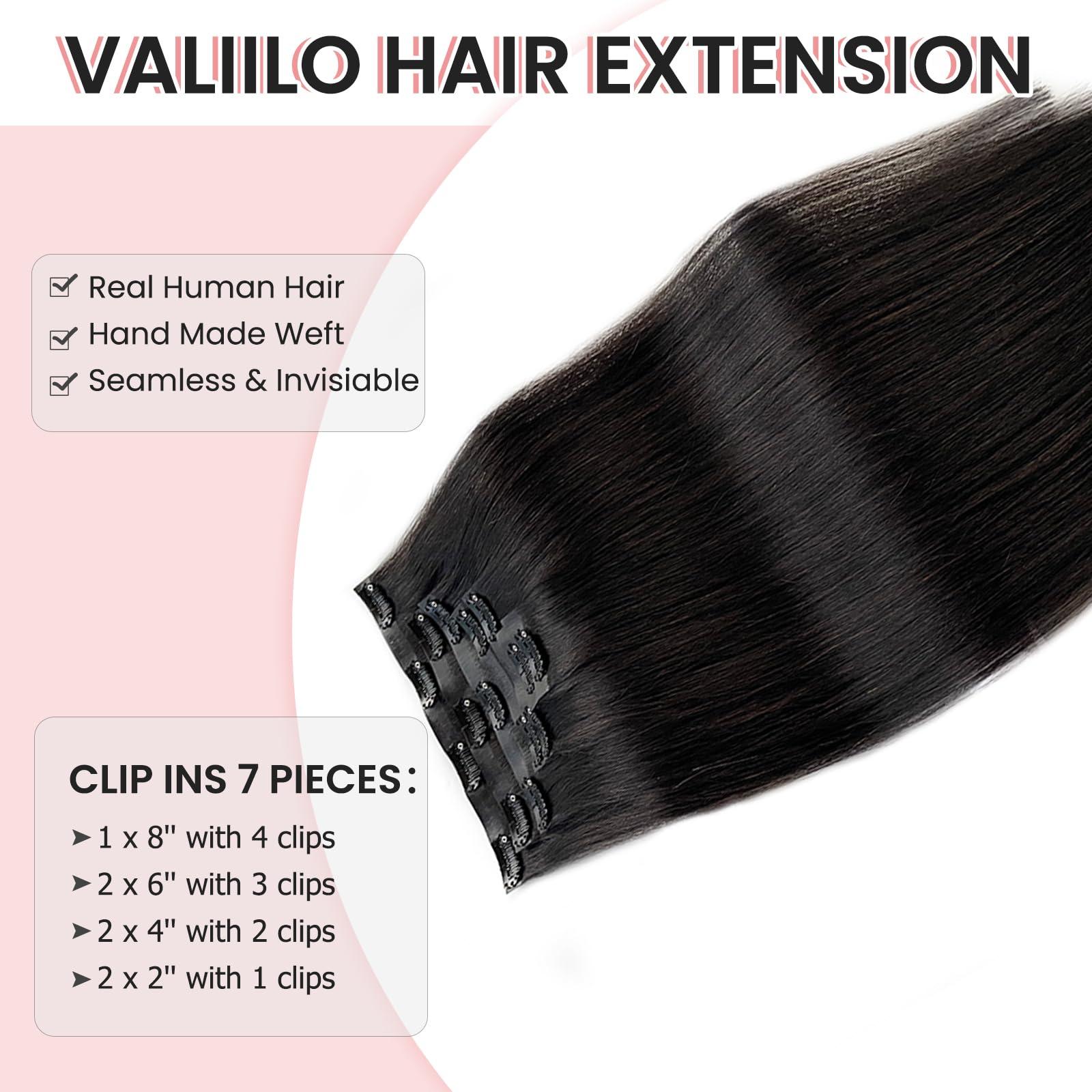 Valiilo Clip in Hair Extensions Black Hair Extensions Real Human Hair 7 Pieces Seamless Clip in Hair Extensions Thick Human Hair 100G Invisible PU Skin Weft Hair Extensions Clip ins 14 Inch