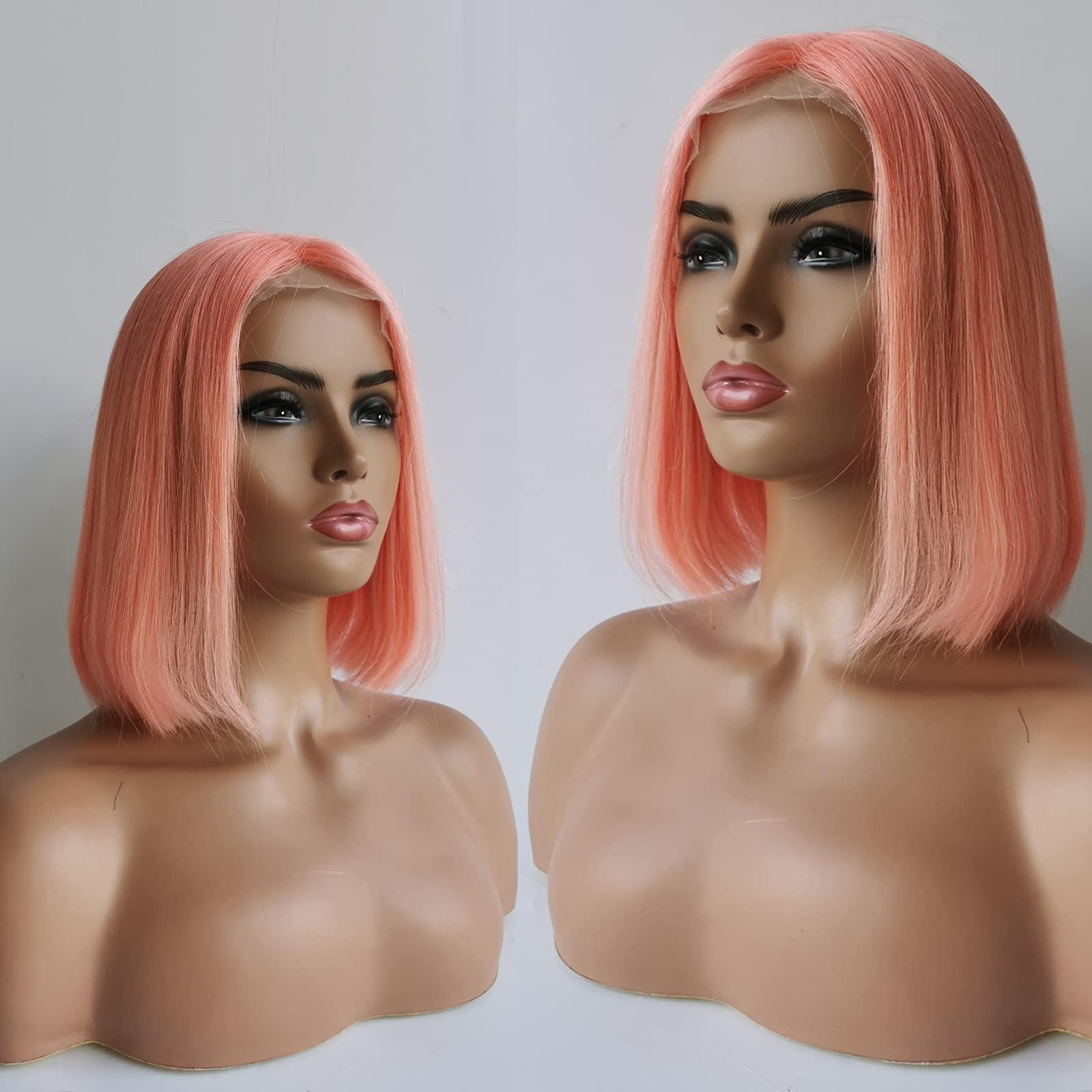 Blonlier Real Human Hair Bob Wigs, Glueless Lace Front Wig, Pre Plucked with Baby Hair, Short Pink Colored Bob, for Black Women, 14 inch Straight 150% Density Full Ends