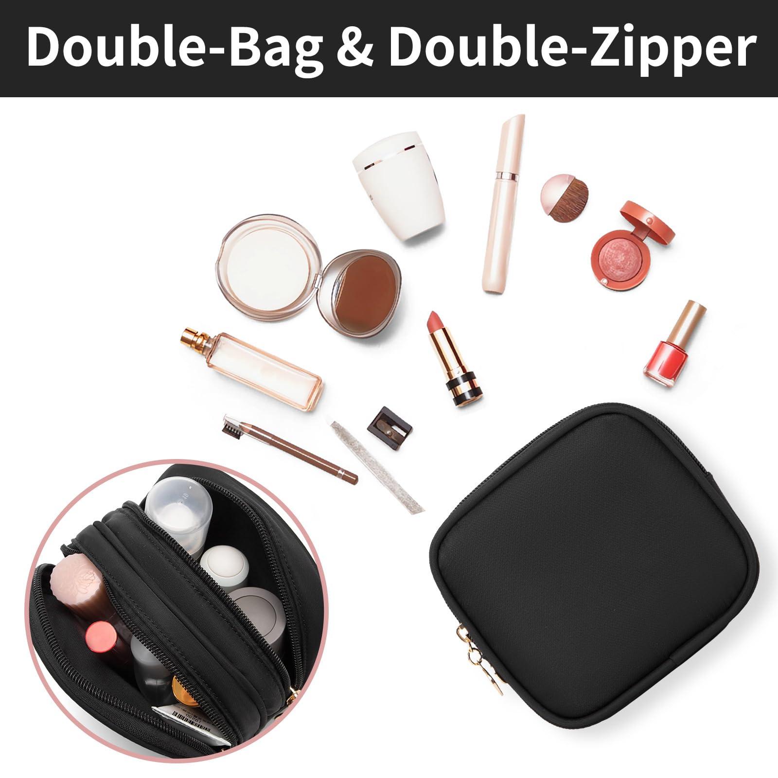 XIAOLER XIAOLER Small Makeup Pouch, Double Zipper Cosmetic Bag, Travel Makeup Bag, Cute Makeup Bag for Purse, Mini Toiletry Bag (Black)