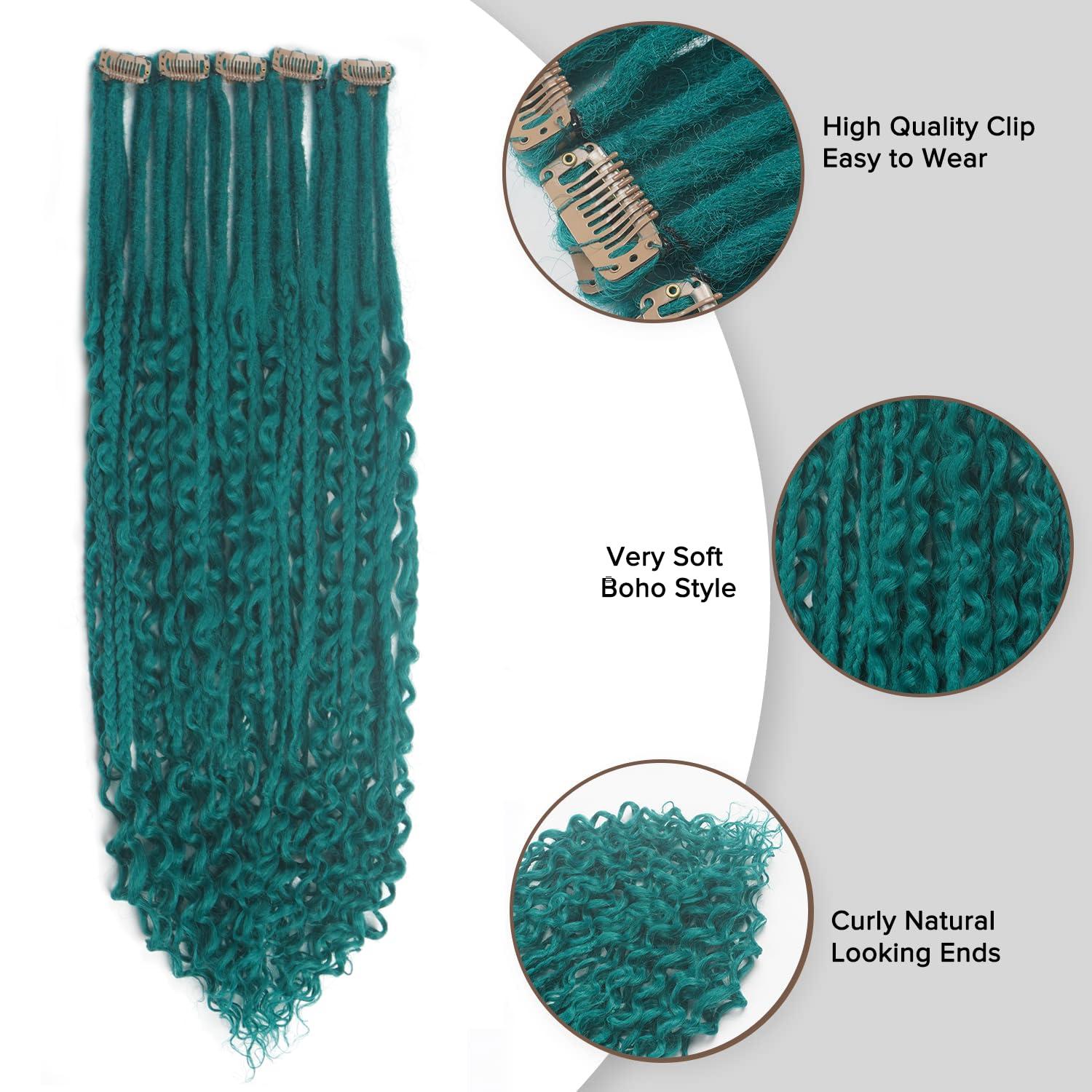 Kyriena Kyriena 24 inch 5PCS Boho Dreadlock Extensions Clip In, 5 Clips with 15 Strands SE Curly Dreads with Box Braid Castleton Green Synthetic Crochet Bohemian Styles Dreads for Woman