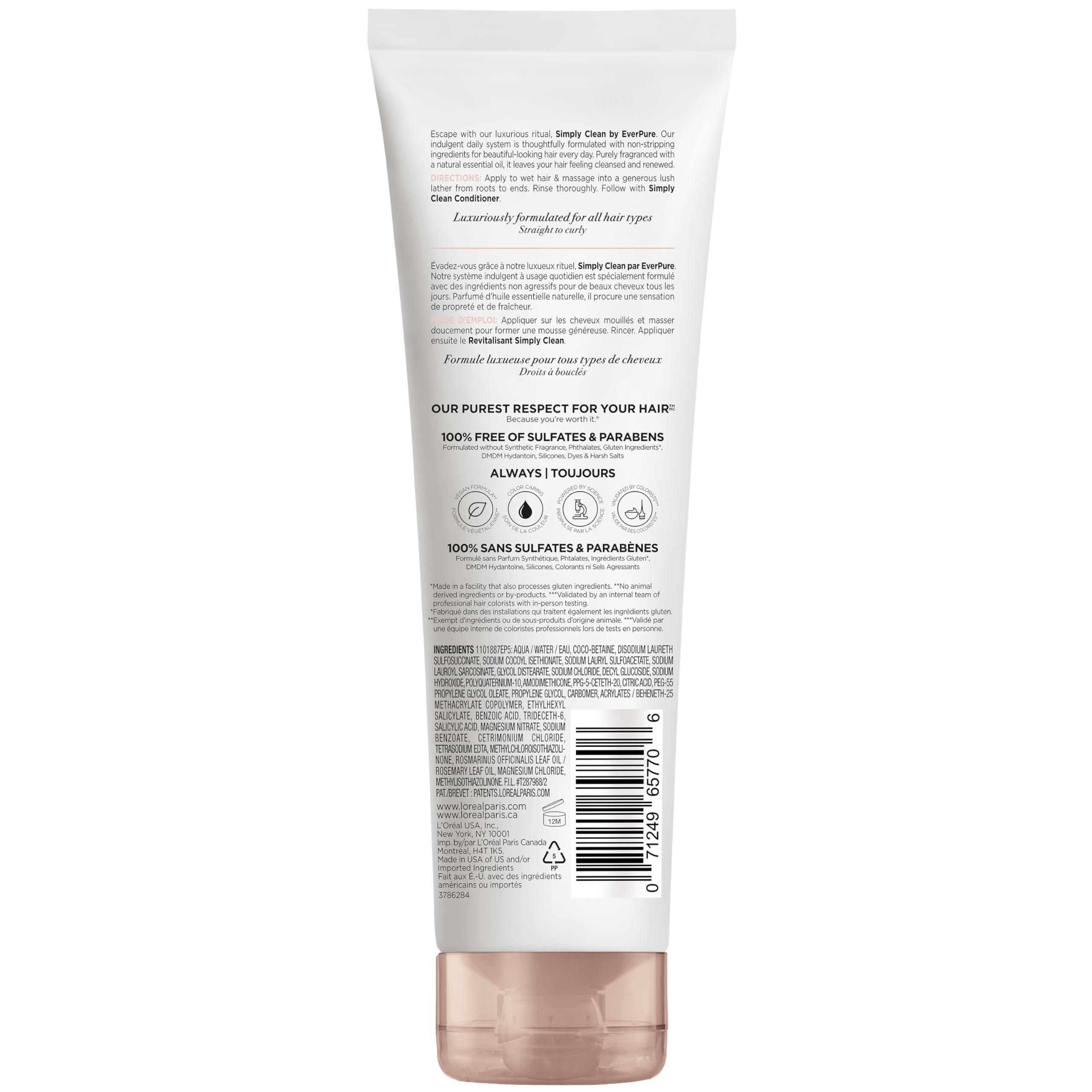 L'ORAL PARIS L'Oreal Paris EverPure Sulfate Free Simply Clean Shampoo, Hydrating Hair Care with Rosemary Essential Oils, 8.5 Fl Oz