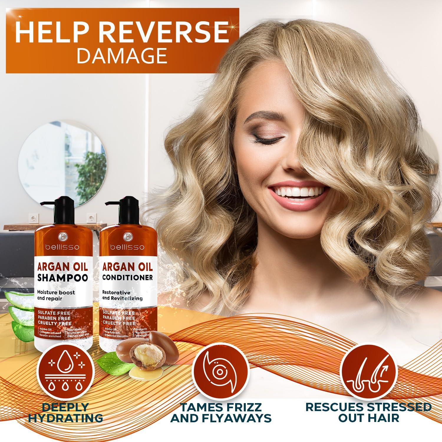 BELLISSO Moroccan Argan Oil Shampoo and Conditioner Set - Sulfate Free with No Parabens - Botanicals for Women and Men - Professional Moisturizing, Anti Frizz, Hydrating Solution for Dry, Wavy and Curly Hair