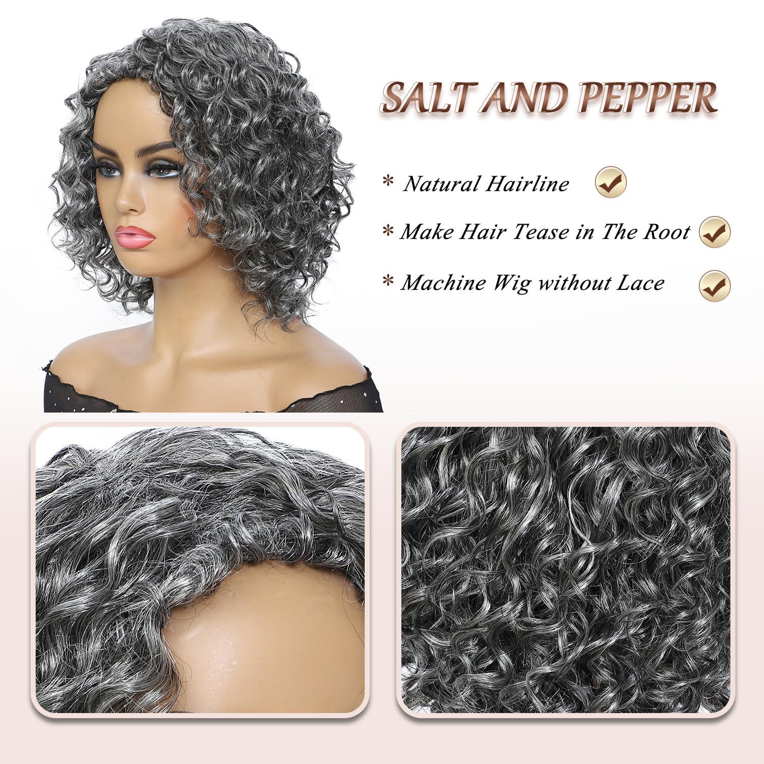 HUA HUA Salt and Pepper Grey Wigs Human Hair for Black Women Glueless Deep Wave Grey Human Hair Wig for Older Women Gray Wigs for Women Human Hair Mixed Bob Wear and Go Glueless Grey Wig