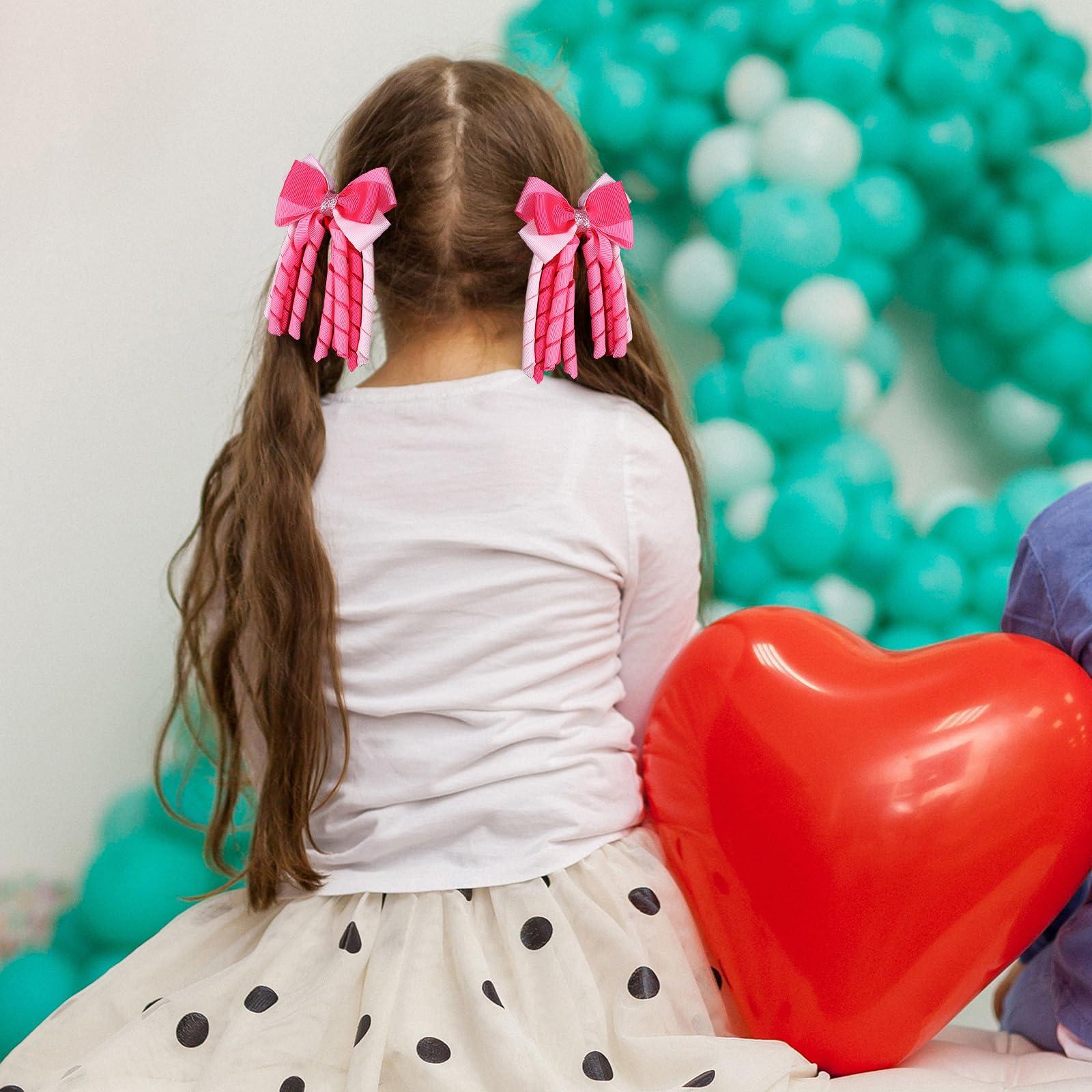 LSVOZ Valentine Hair Bow Clips 3 Inch Curly Ribbon Hair Clips Kids Girls Handmade Cheer Hair Accessories for Valentine\'s Day Party Decor, Pink&Rose Red&Light Pink