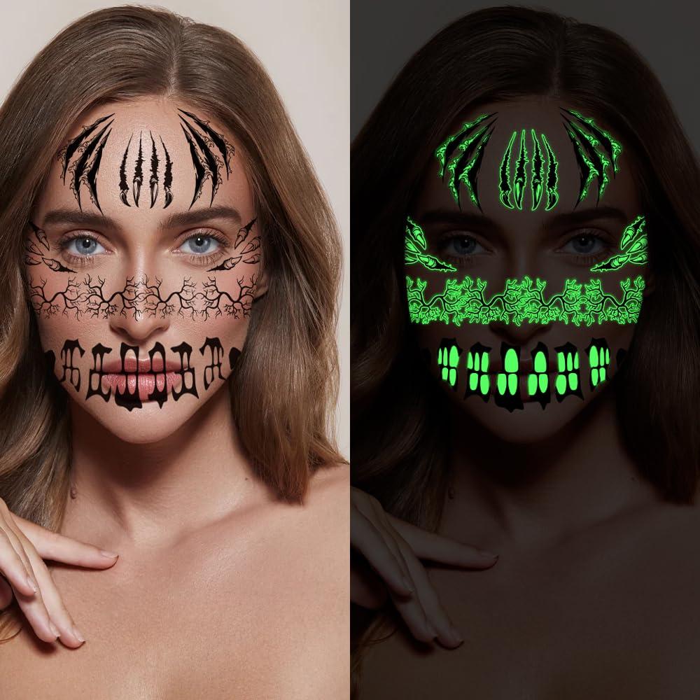 Doneace 10 Sheets Halloween Glow In The Dark Tattoos Face Luminous Temporary Tattoo Waterproof Last Long Glitter Tattoos Stickers Scary Zombie Makeup Kit For Kids Women Girls Boys Adults Party Supplies