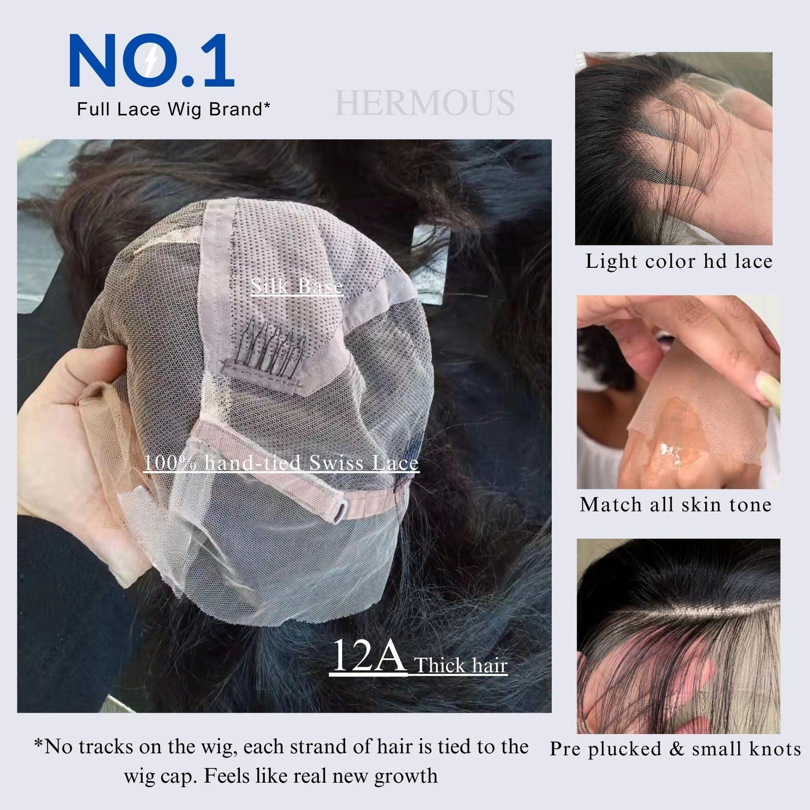 HERMOUS HERMOUS Full Lace Human Hair Wigs HD Transparent Lace Pre Plucked Handmade Whole Head Part Anywhere Lace Wig 180% Density Straight 12A Brazilian Virgin Remy Hair 12 Inch Natural Black