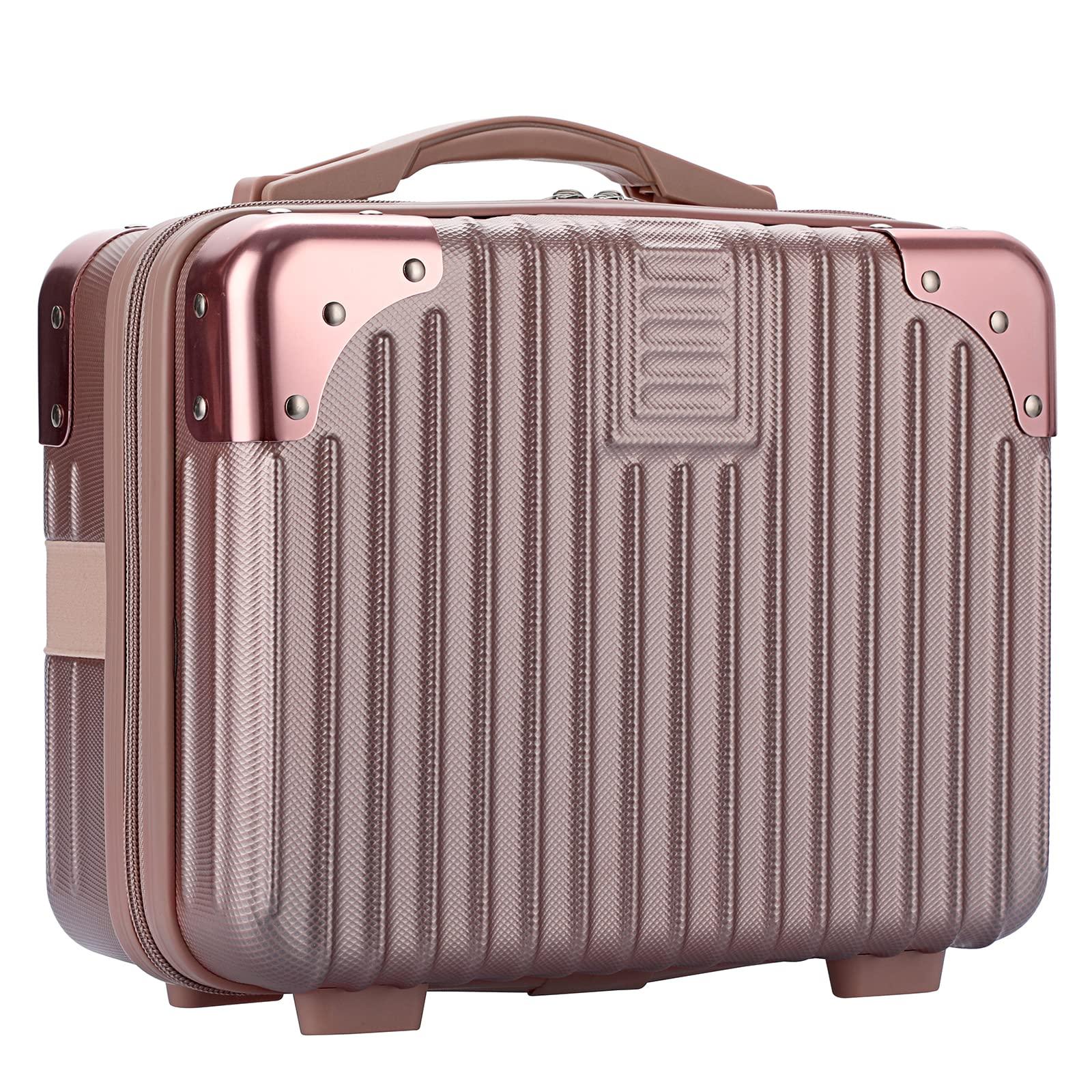 BSTKEY BSTKEY Portable Hard Shell Cosmetic Travel Case, Small Travel Hand Luggage with Elastic Band, Mini ABS Carrying Makeup Case Suitcase, Rose Gold