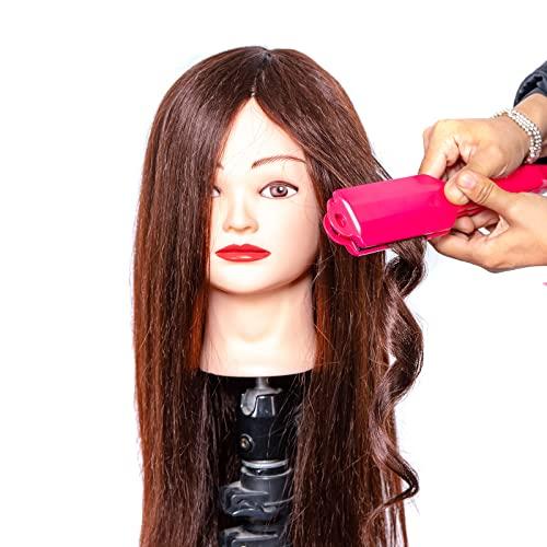 Pykisfp Mannequin Head with 60% Real Hair, Hairdresser Practice Training Head Cosmetology Manikin Doll Head with 9 Tools and Desktop Stand, Air Cushion Comb,Makeup On (Brown)