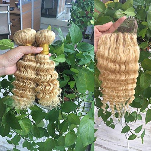 Ruma Hair Ruma Hair Blonde Deep Wave Peruvian Virgin Hair 3 Bundles With Closure Bleached Knots 4Pcs Lot Pure Color #613 Bleached Blonde Deep Curly Human Hair Weave With 4x4 Lace Closure (22 with 22 24 26)